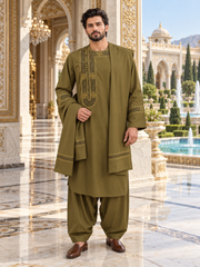 Men’s Olive Green Hand-Embroidered Afghan Parahan Tunban with Shawl – 3-Piece Set 5033