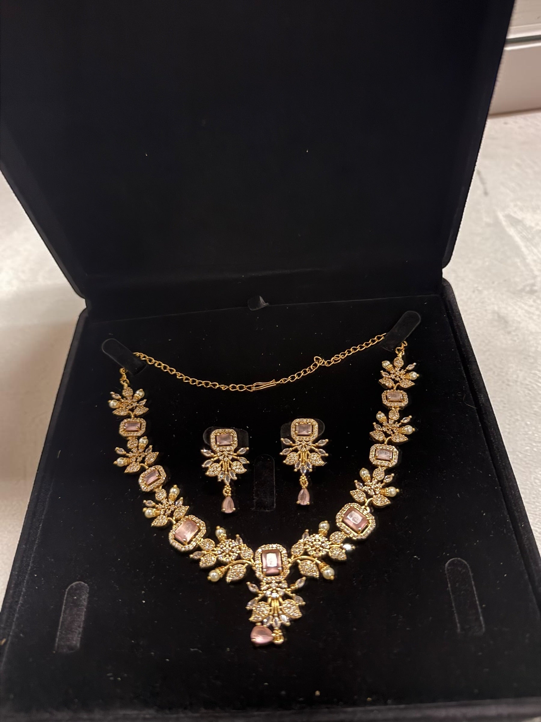 Luxury Gold Tone Blush Pink Crystal Floral Statement Necklace & Earrings Set | Gift-Ready Black Jewelry Box Included 6072