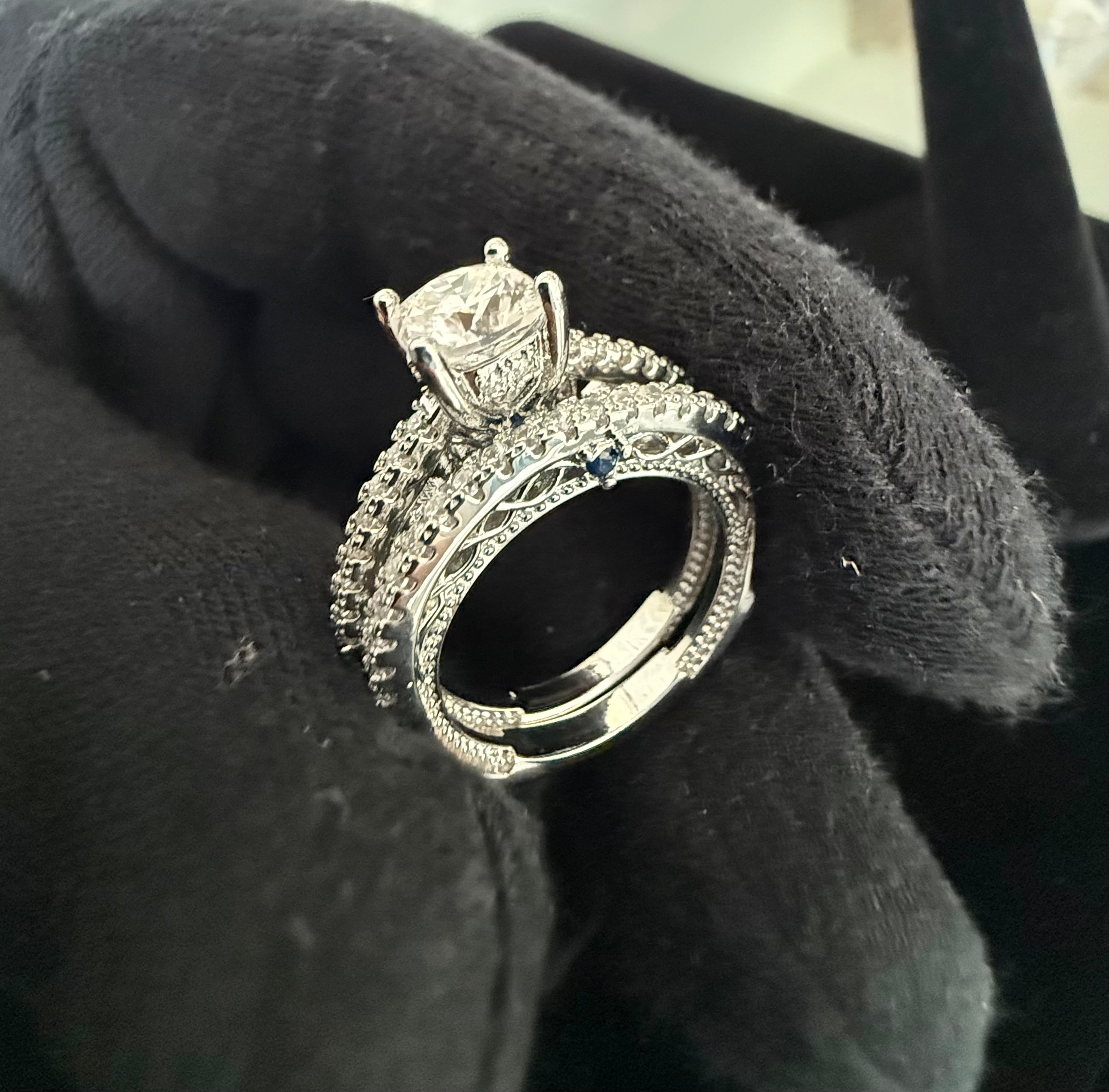 Size 5 Sterling Silver Cushion Cut Moissanite Bridal Ring Set | Infinity Twist Pavé Engagement & Wedding Band.  6011