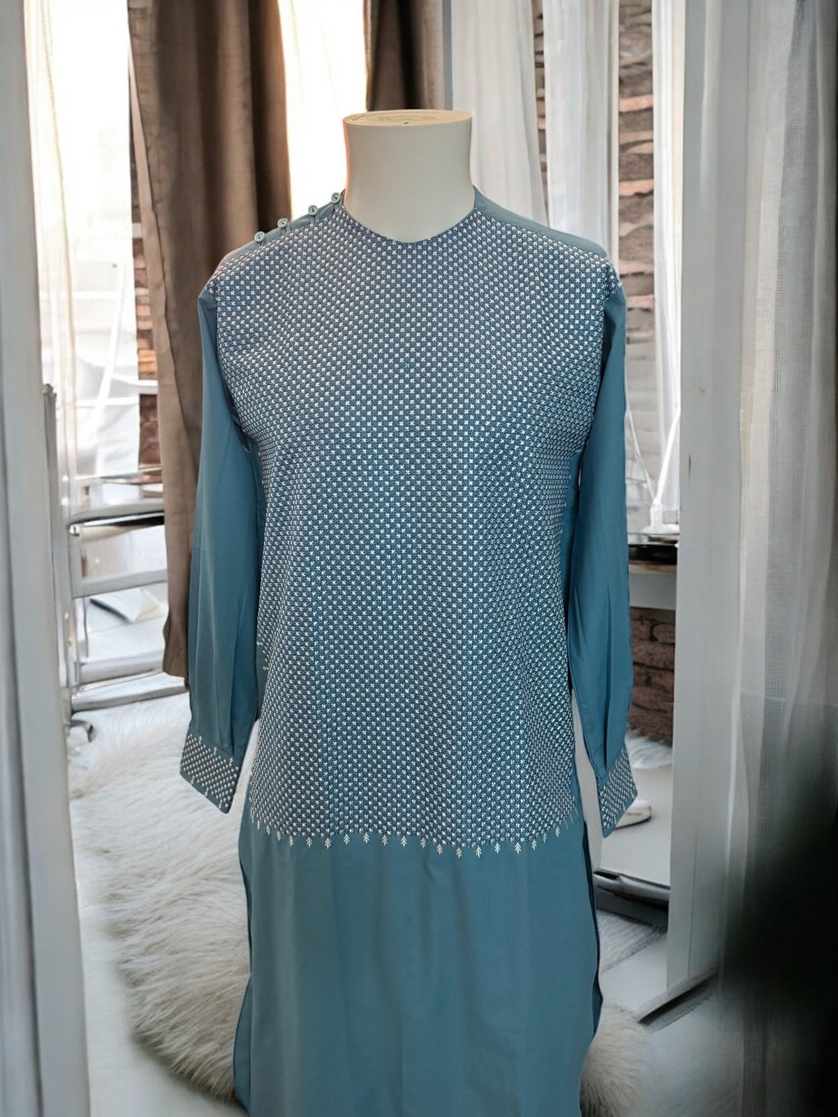 Teal Blue Afghan Parahan Tunban for Men with Machine Khamakdozi – X-Small