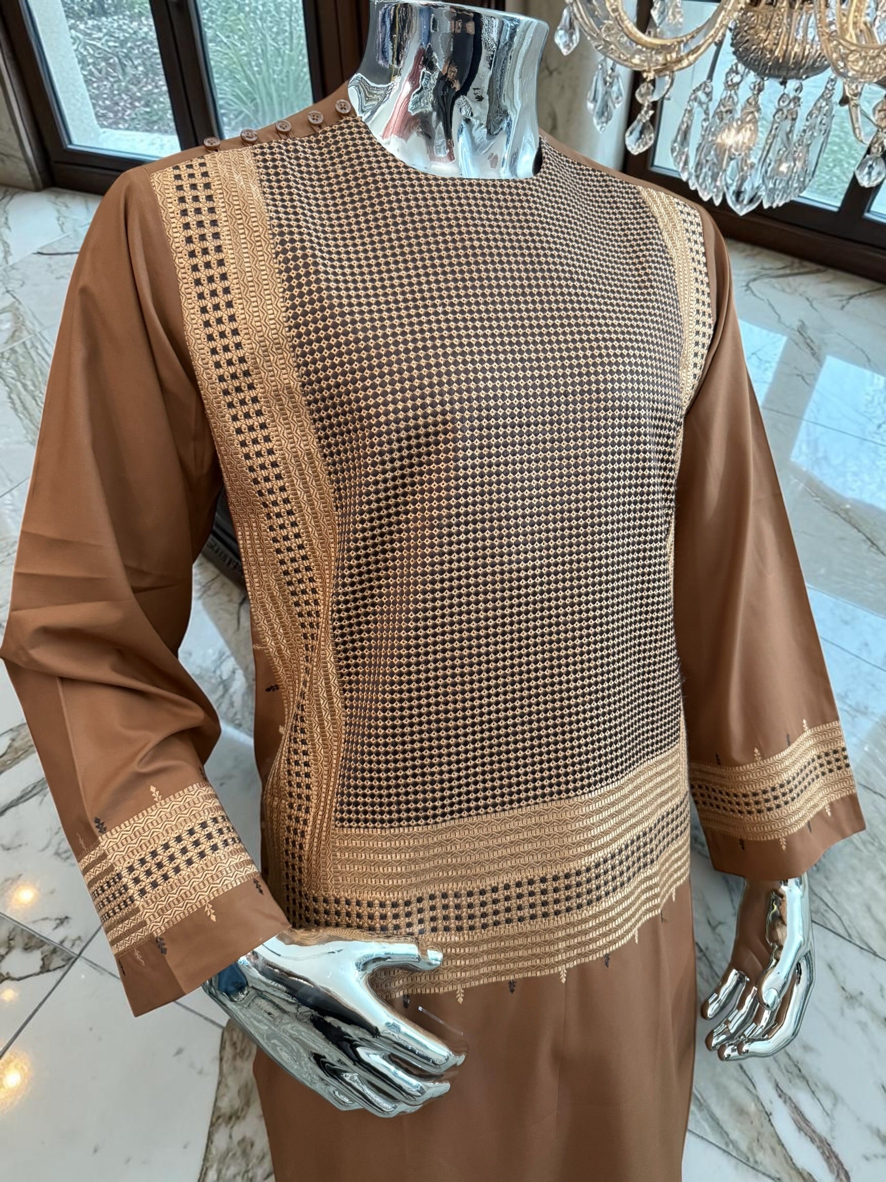 Medium Copper Brown Afghan Shalwar Kameez with Gold Embroidery | Premium Men’s Traditional Wear