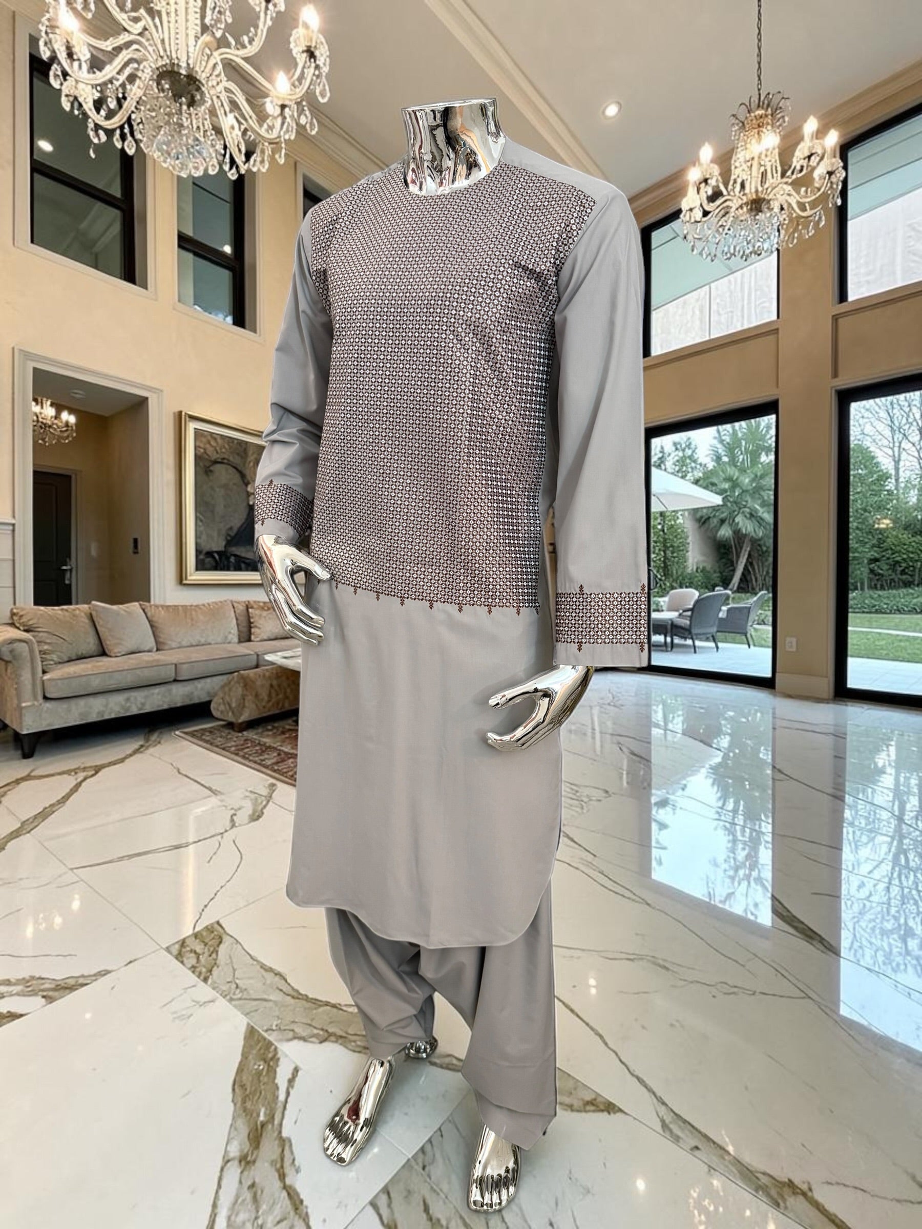 Medium Men’s Light Gray Parahan Tumban with Brown Embroidery – Afghan Traditional Outfit