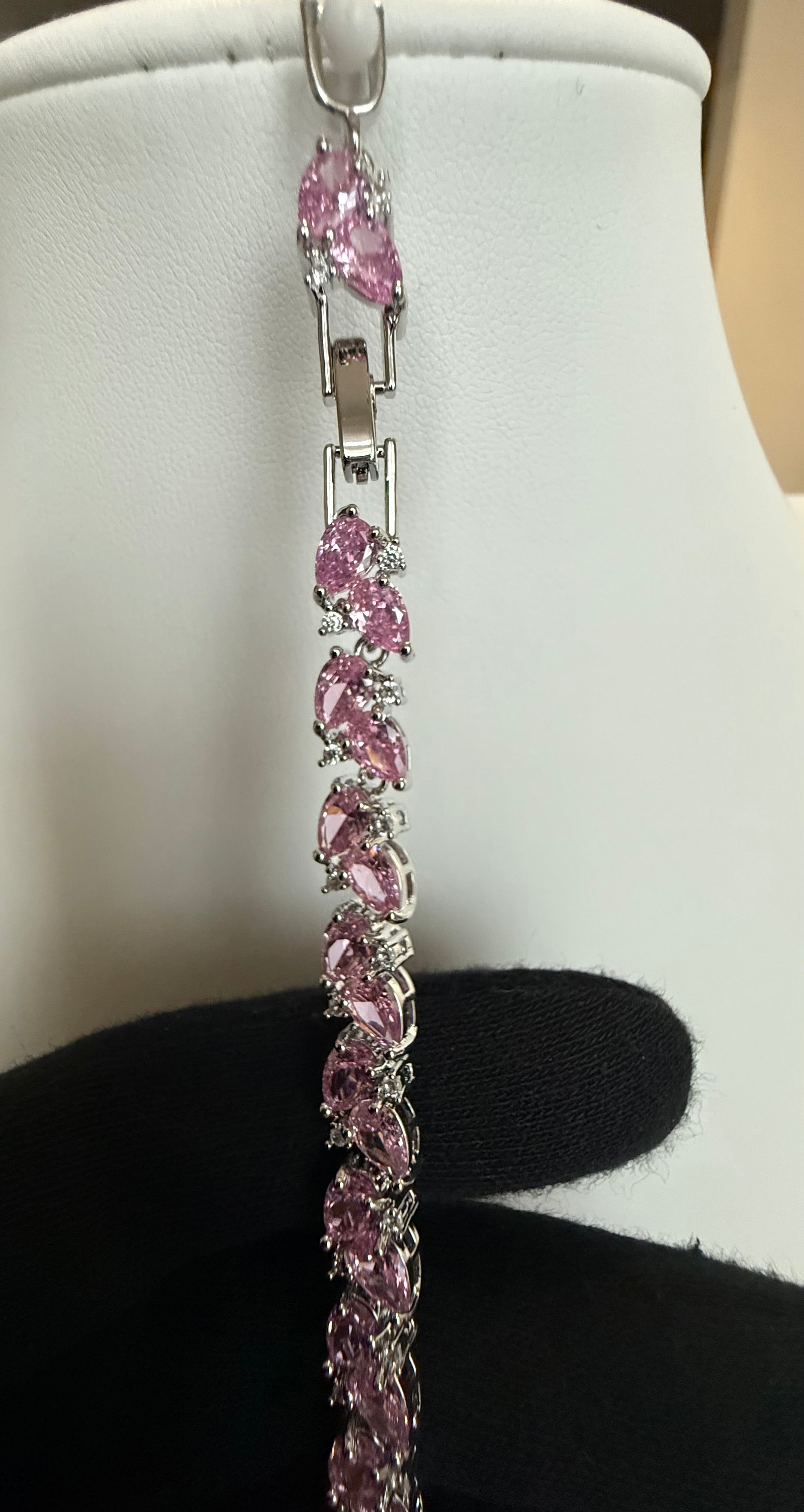 Pink Crystal Tennis Bracelet for Women – Silver Tone Statement Bracelet – Luxury Gift Bracelet 7244