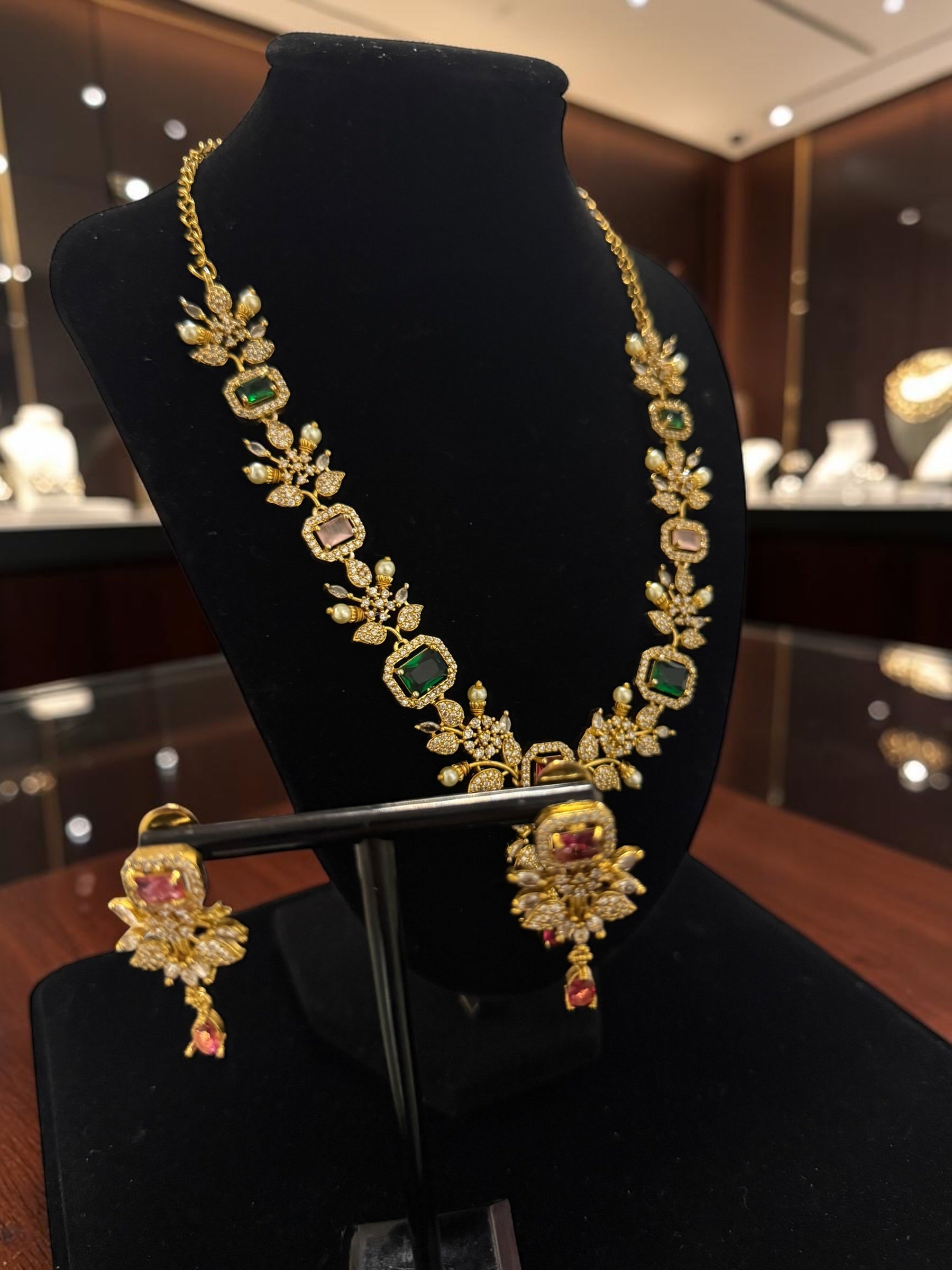 Luxury Gold Tone Green & Burgundy Crystal Floral Statement Necklace & Earrings Set |Gift-Ready Black Jewelry Box Included 6069
