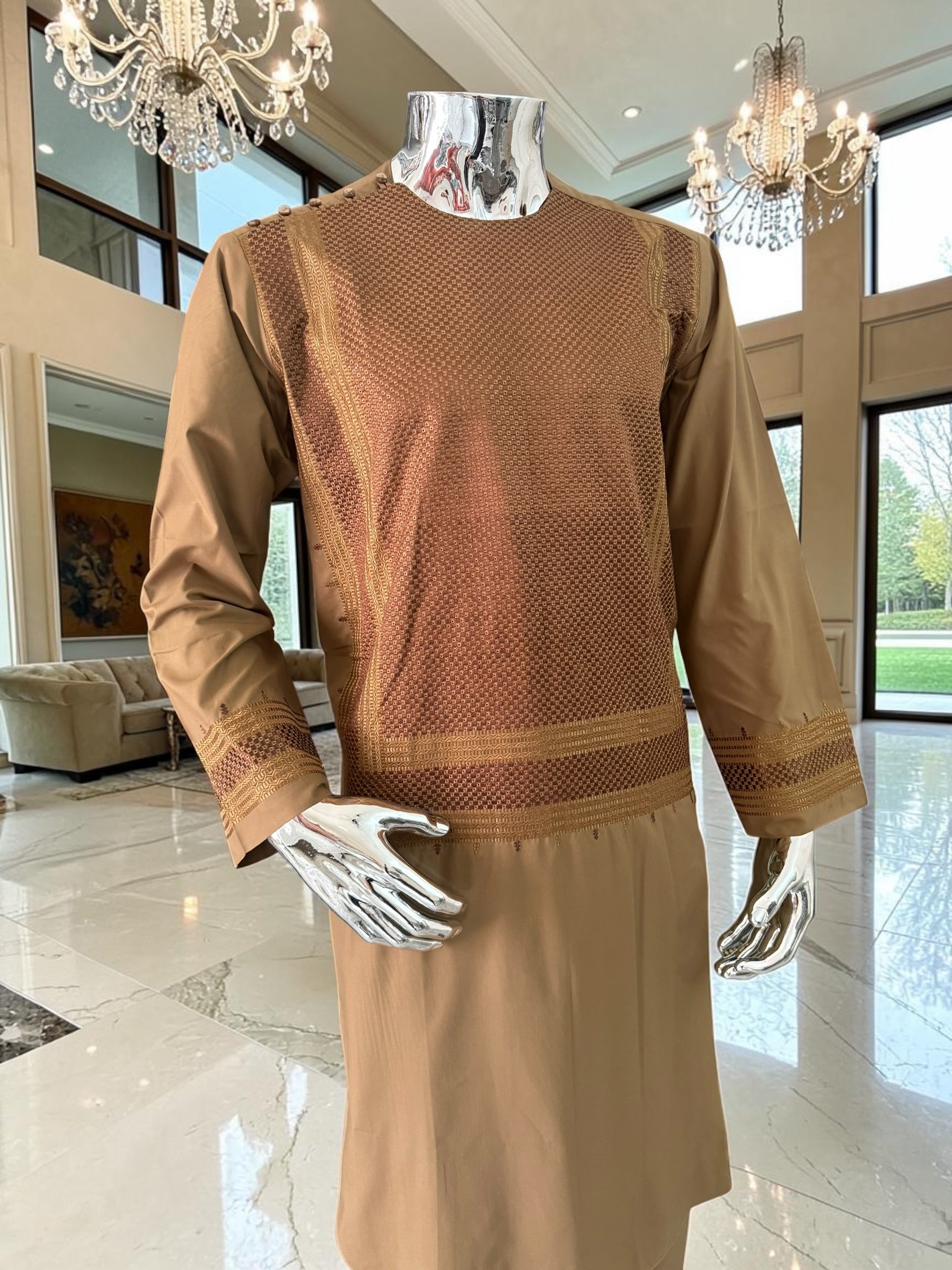 Small Premium Brown Machine Embroidered Parahan Tunban Set with Matching Chadder