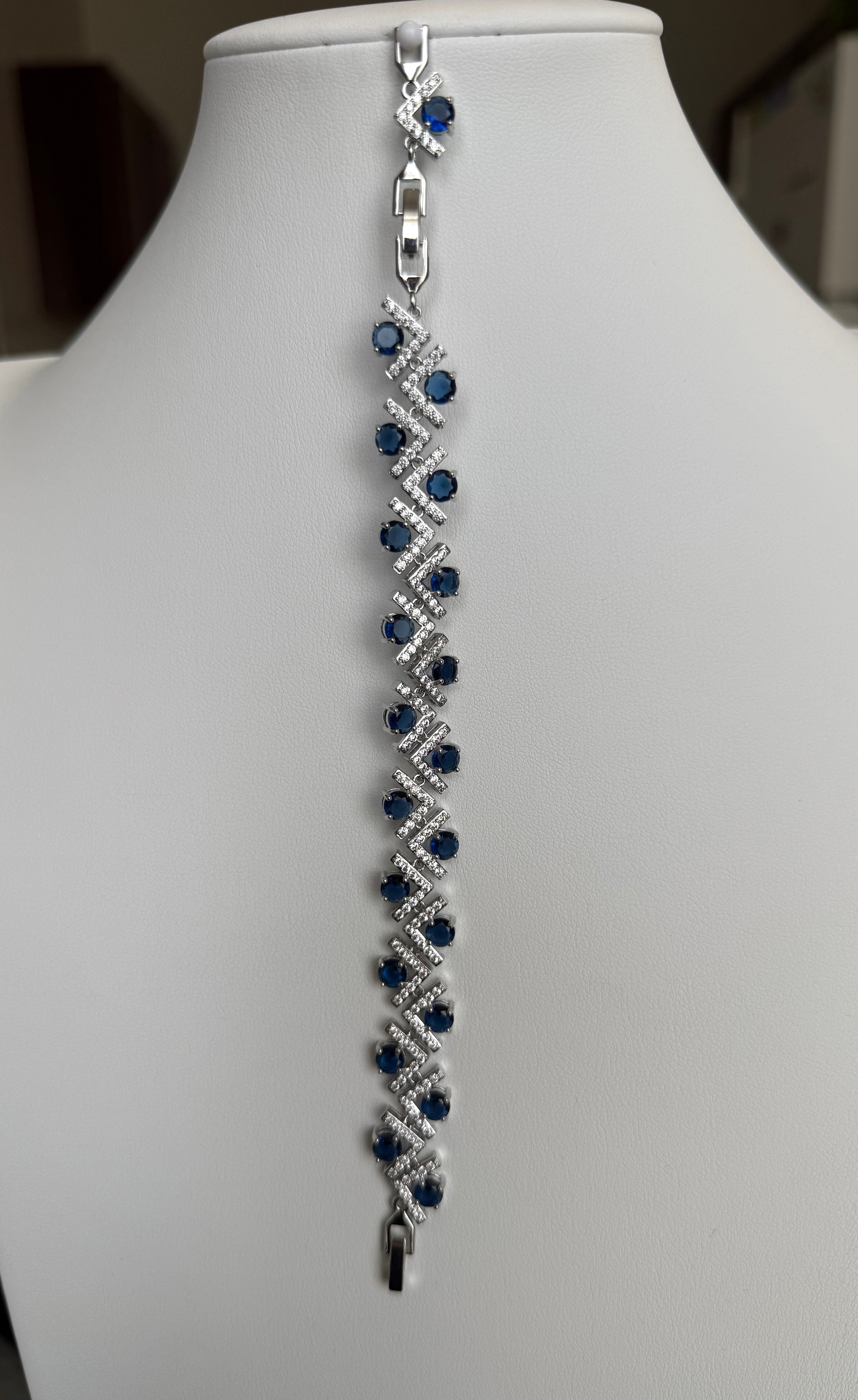Royal Blue Crystal Geometric Chevron Bracelet – Silver Tone Statement Jewelry 7100
