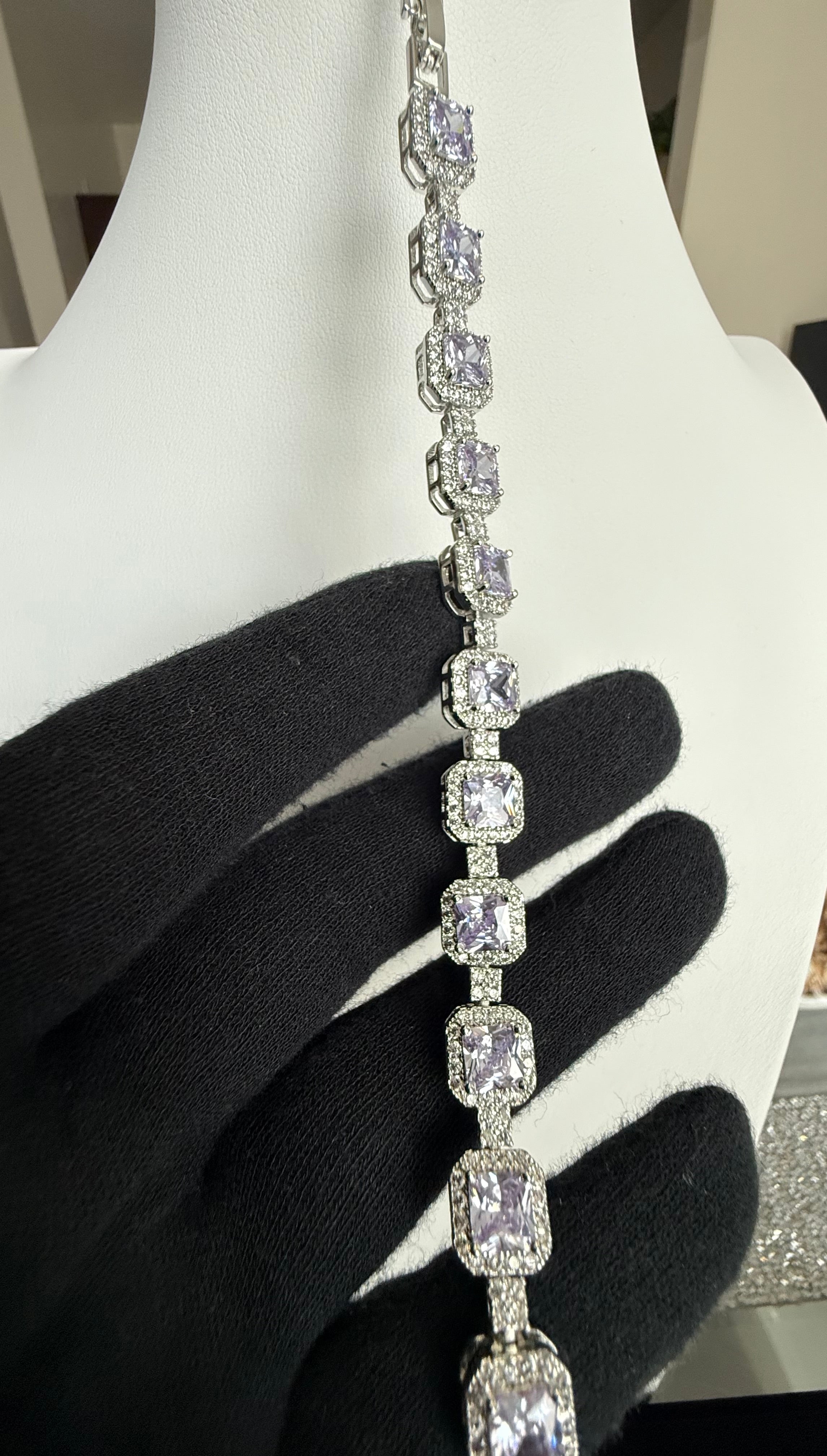 Lavender Purple Cushion-Cut Crystal Halo Tennis Bracelet – Silver Tone Statement Jewelry 7093