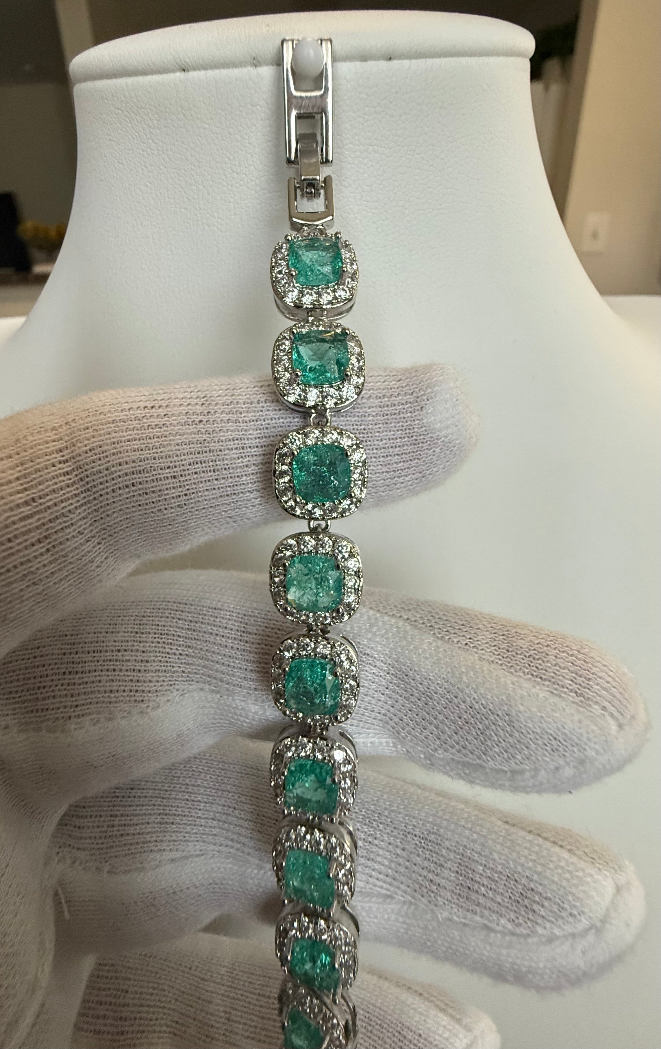 Aqua Green Cushion Cut Halo Crystal Tennis Bracelet – Silver Tone Statement Jewelry 7112