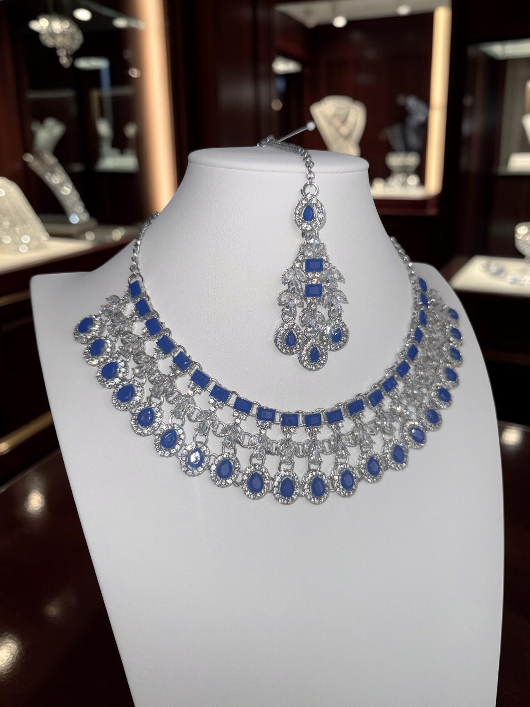 Luxury Sapphire Blue American Diamond Bridal Jewelry Set with Maang Tikka | Premium Brass Statement Collar Necklace, Earrings & Gift Box Included 6036
