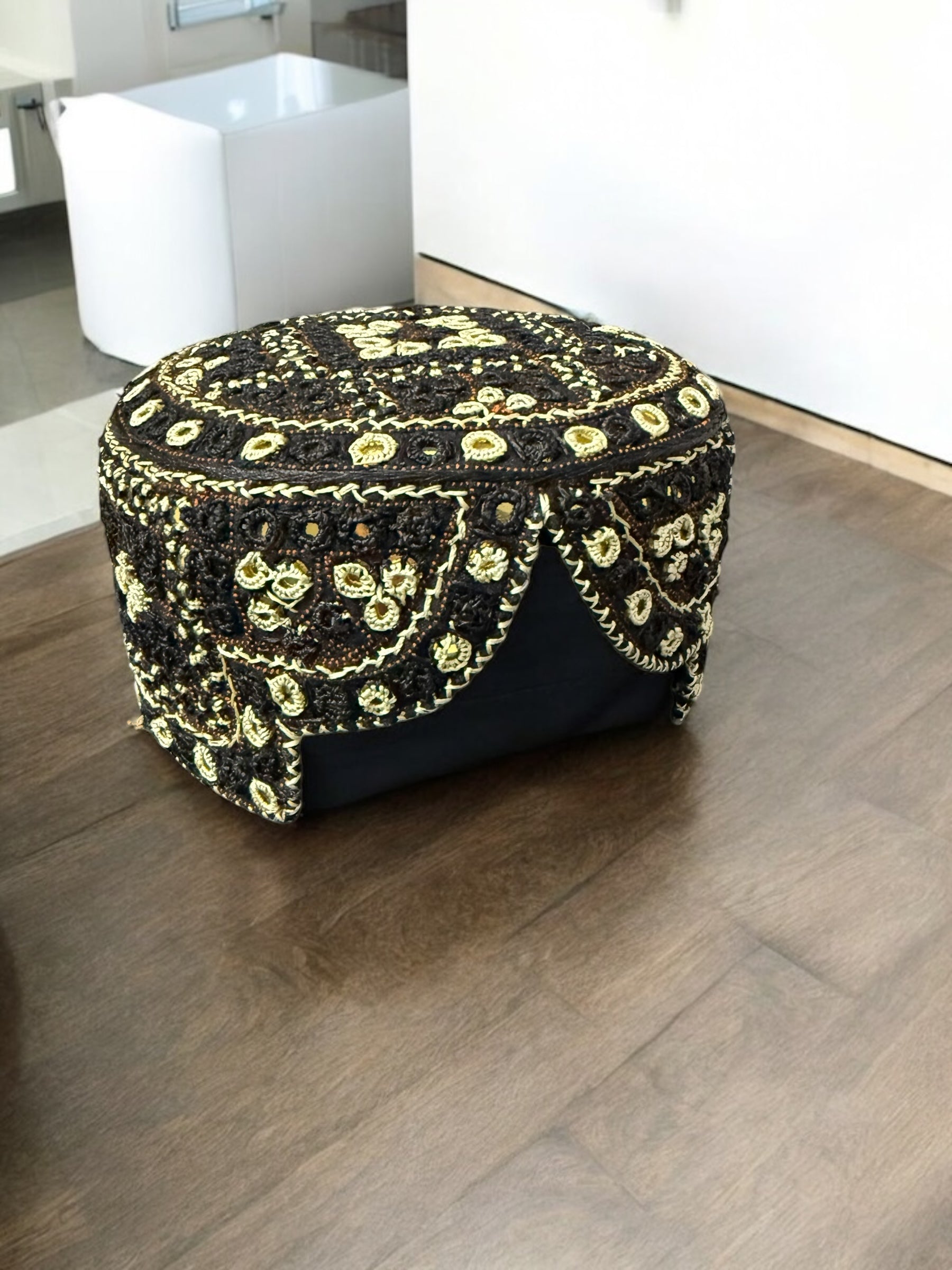 Black and Gold Baluchi Hat with Brown Accents – Hand Embroidered Traditional Afghan Men’s Cap with Mirror Work