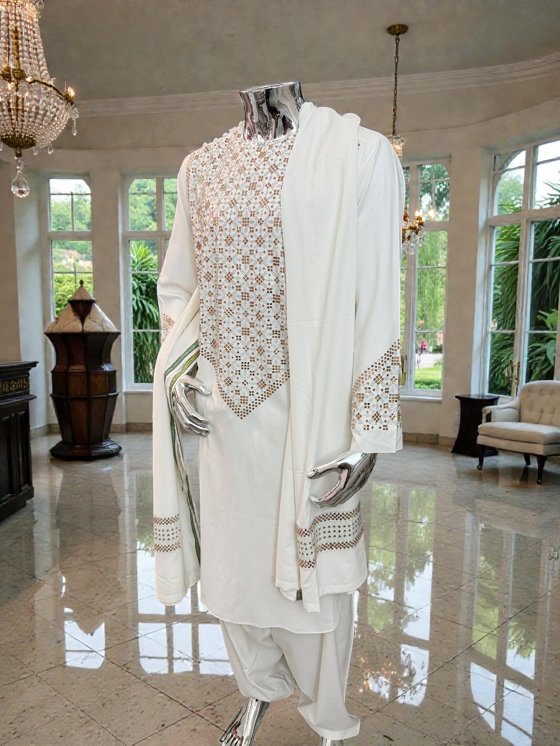 XL Off-White Afghan Kameez 3-Piece Set with Gold Shesha Work | Traditional Men’s Outfit