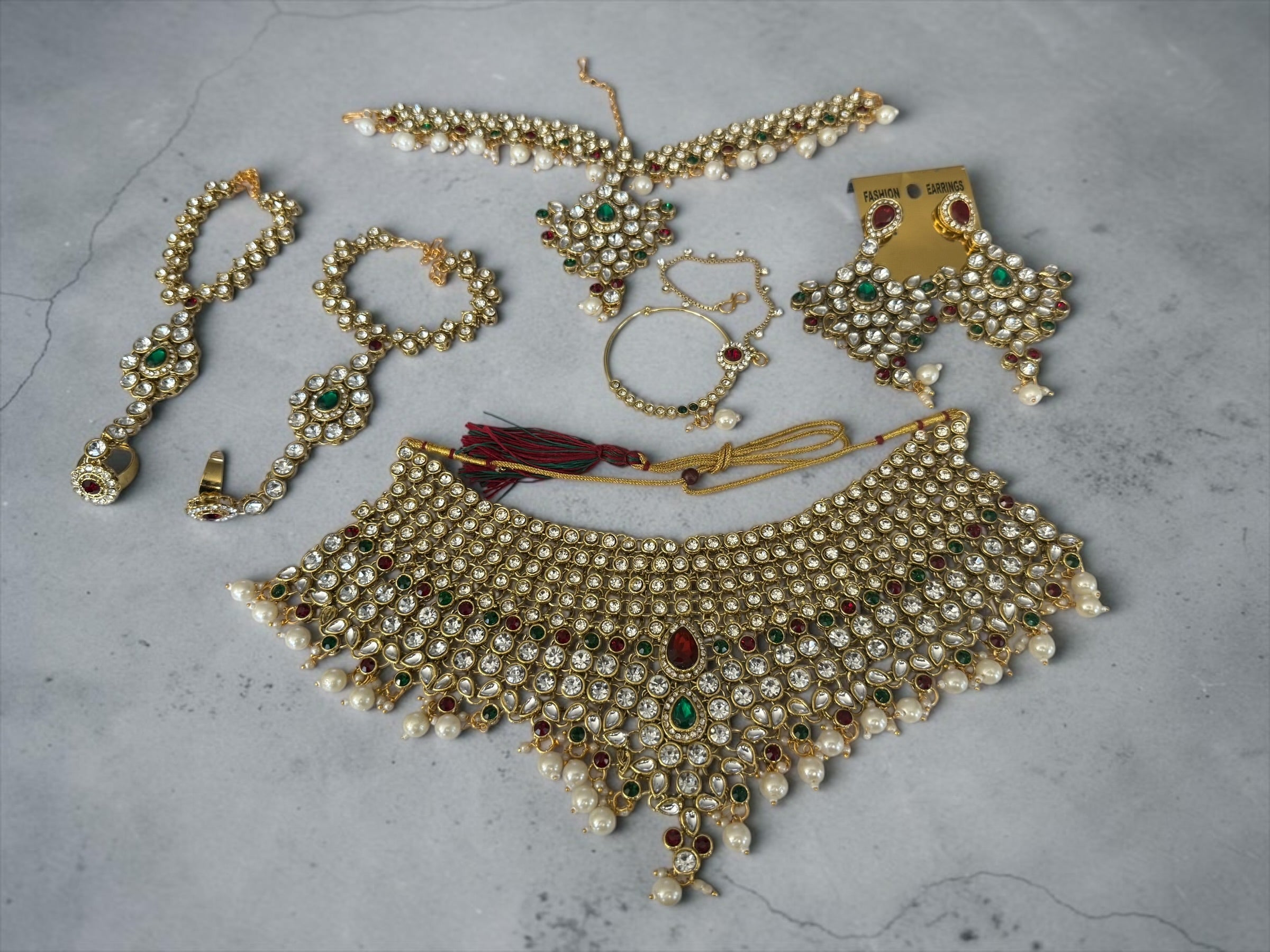 6-Piece Gold-Tone Kundan Full Bridal Jewelry Set with Necklace, Earrings, Nose Ring, Sheeshphool & Ring Bracelets 029