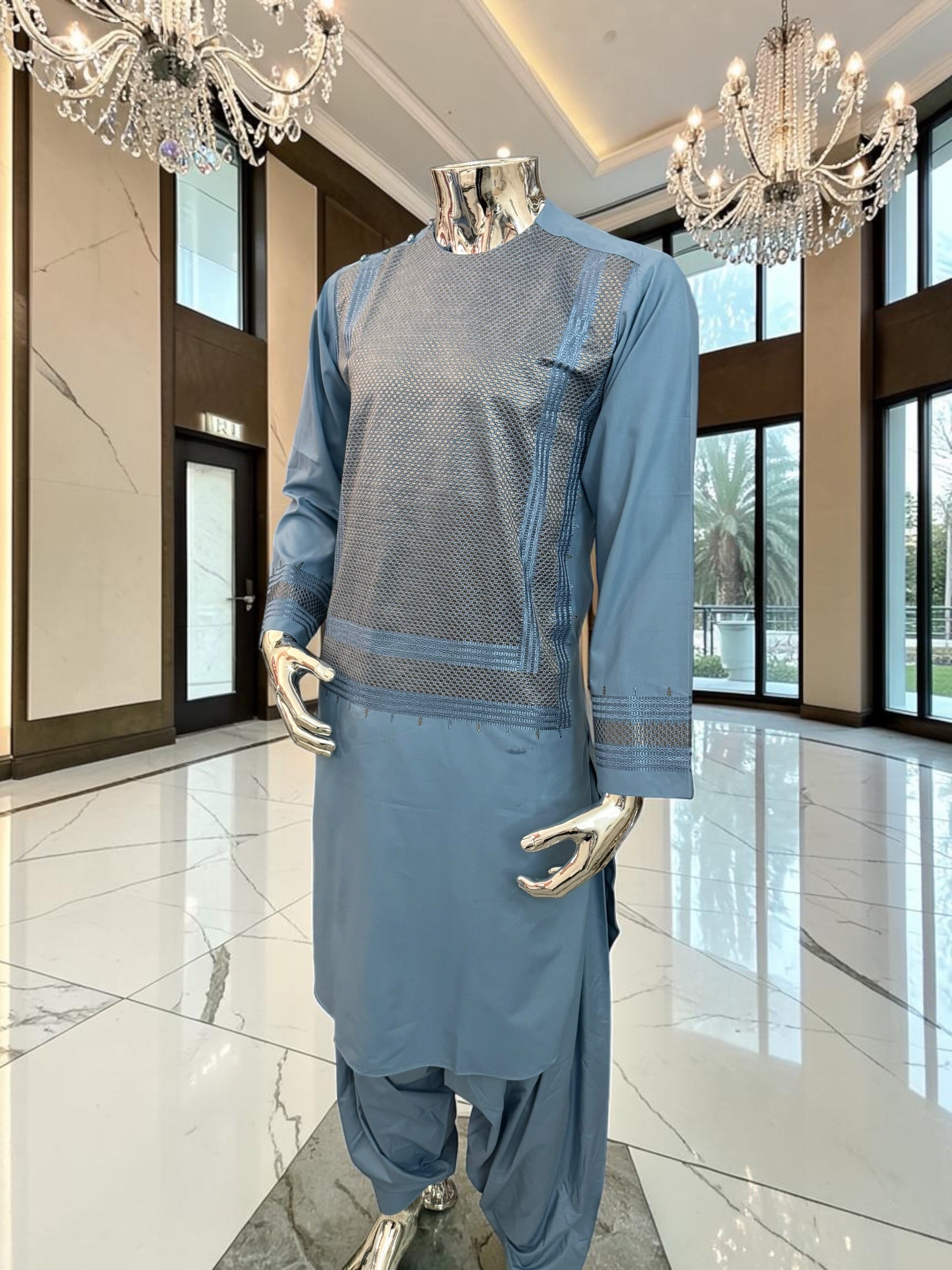 Small Men’s Steel Blue Embroidered Parahan Tunban 3-Piece Set with Matching Shawl 7228