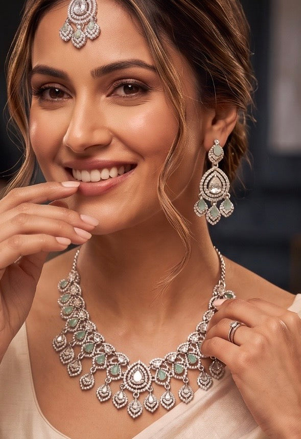 Silver Tone Mint Green Bridal Jewelry Set with Clear Crystal Accents – Necklace, Earrings & Maang Tikka | Indian Pakistani Afghan Wedding Jewelry | Gift Box Included 6027