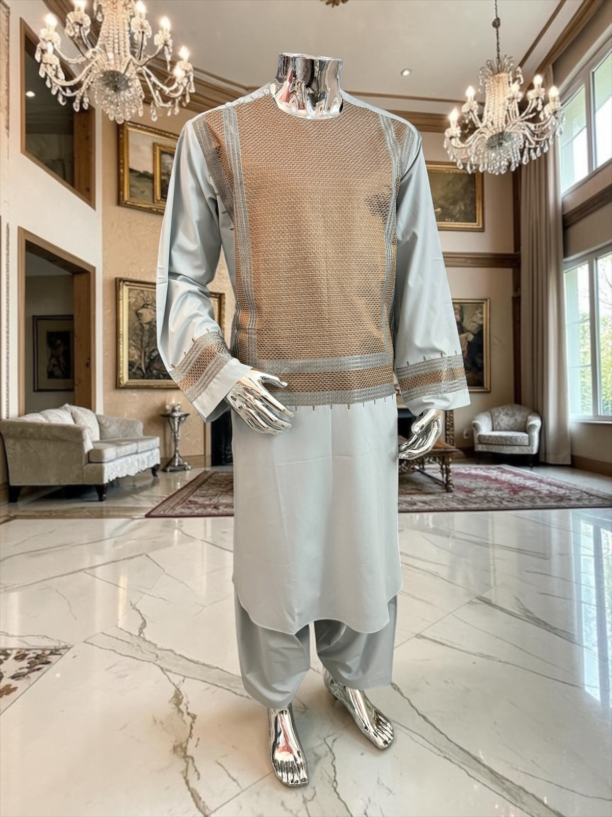 X-Large Blue-Gray Afghan Shalwar Kameez with Bronze Embroidery Yakhandozi | Luxury Men’s Traditional Wear