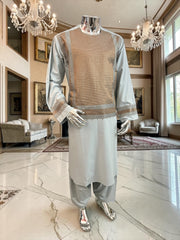 X-Large Blue-Gray Afghan Shalwar Kameez with Bronze Embroidery Yakhandozi | Luxury Men’s Traditional Wear