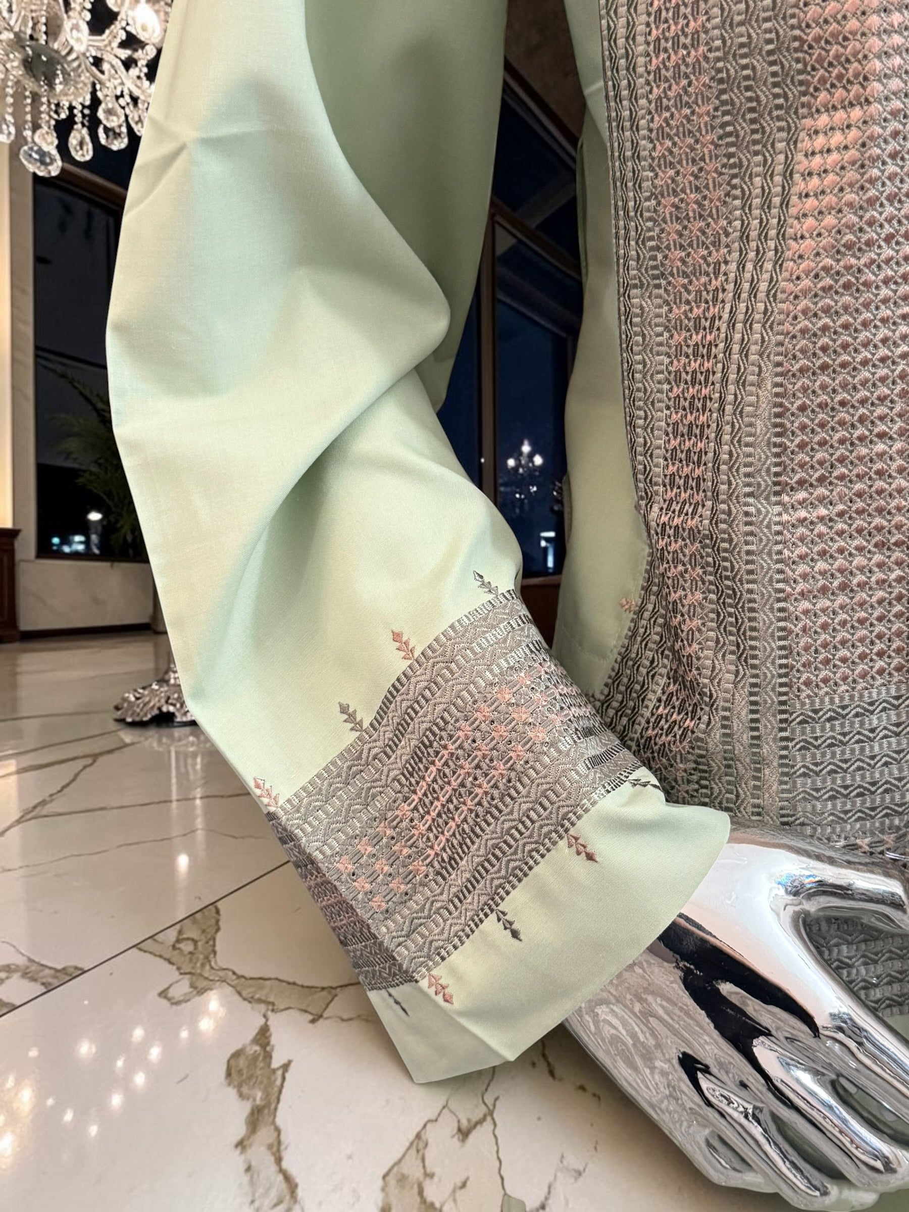X-Large Pistachio Green Kandahari Parahan Tunban for Men | Premium Afghan Traditional Wear