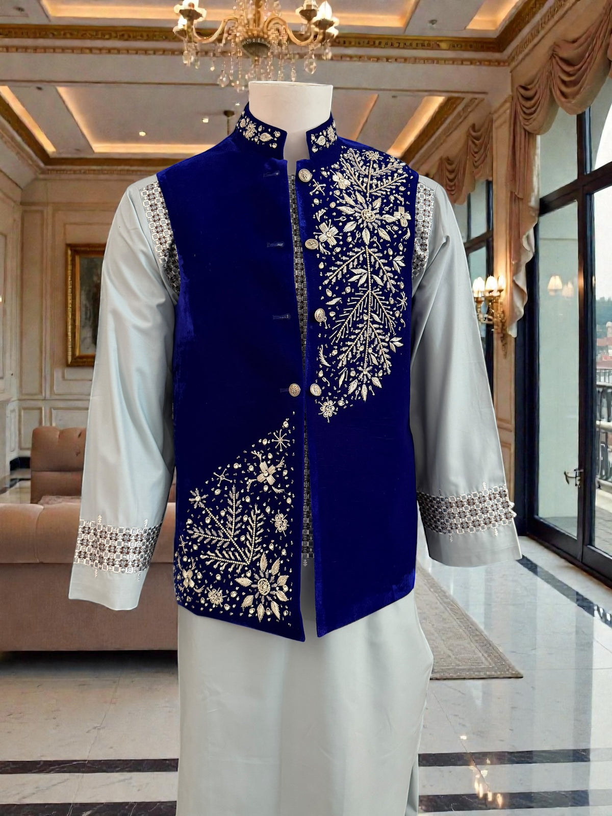 Men’s Medium Royal Blue Velvet Vestcoat – Luxury Silver Hand Embroidery | Wedding & Eid Waistcoat Medium