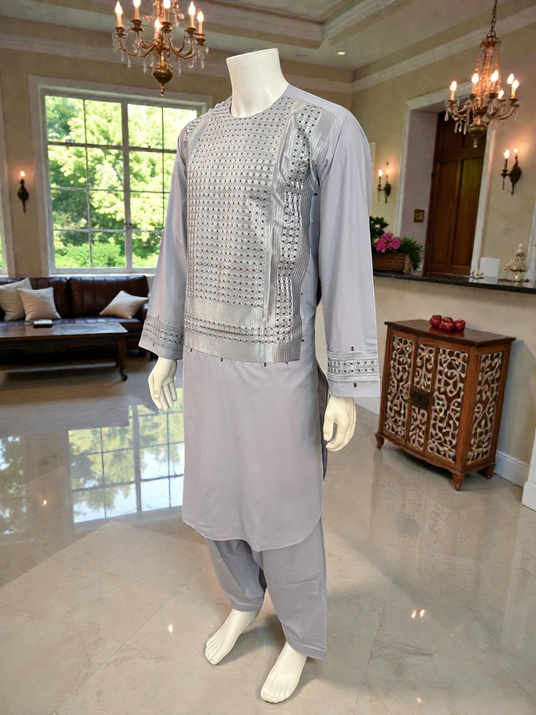 XL Afghan Men’s Kameez – Pale Lilac with Silver & Brown Embroidery | High-Quality Traditional Outfit