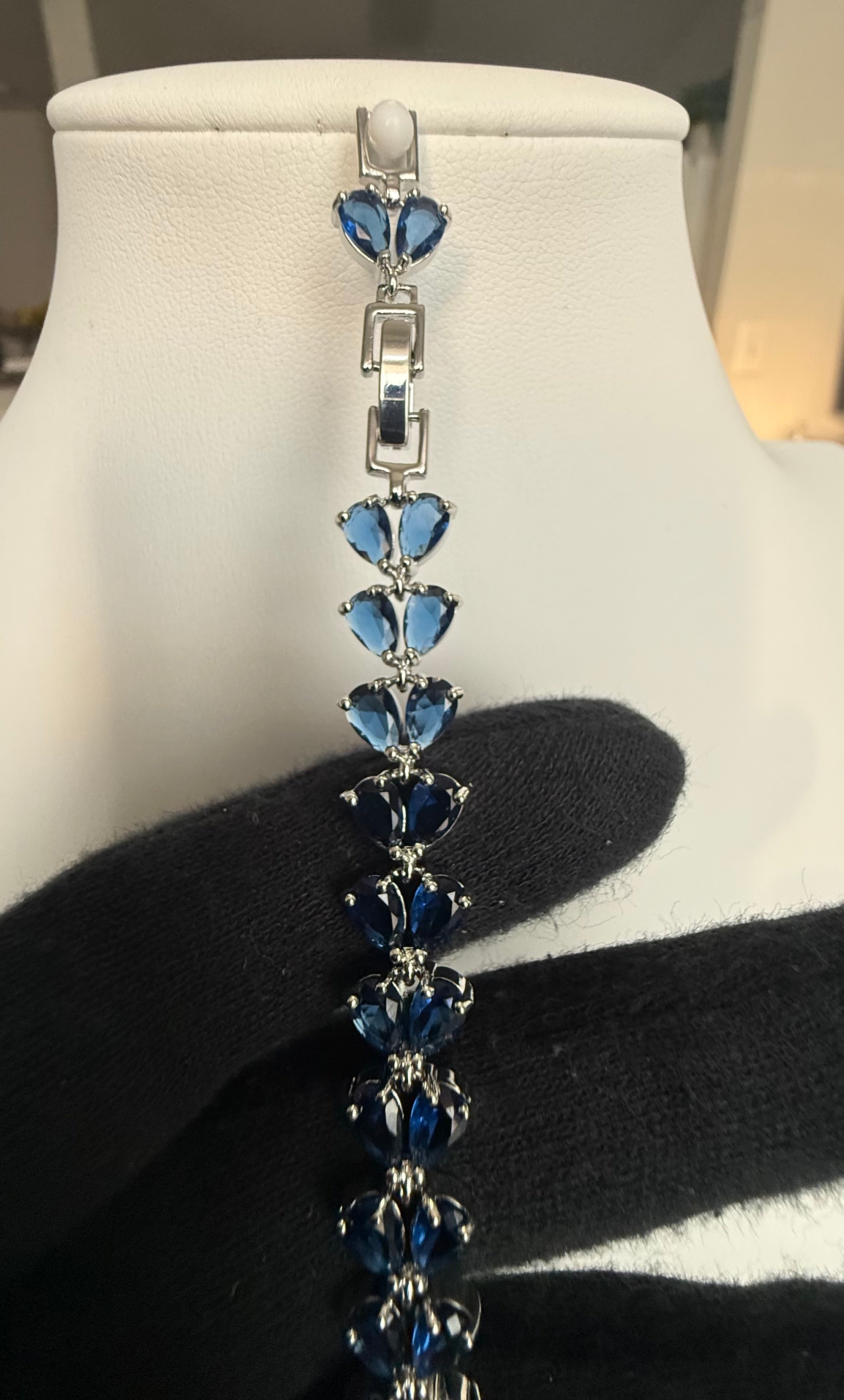 Sapphire Blue Crystal Floral Tennis Bracelet – Silver-Tone Pear Cut Flower Bracelet for Women 7131