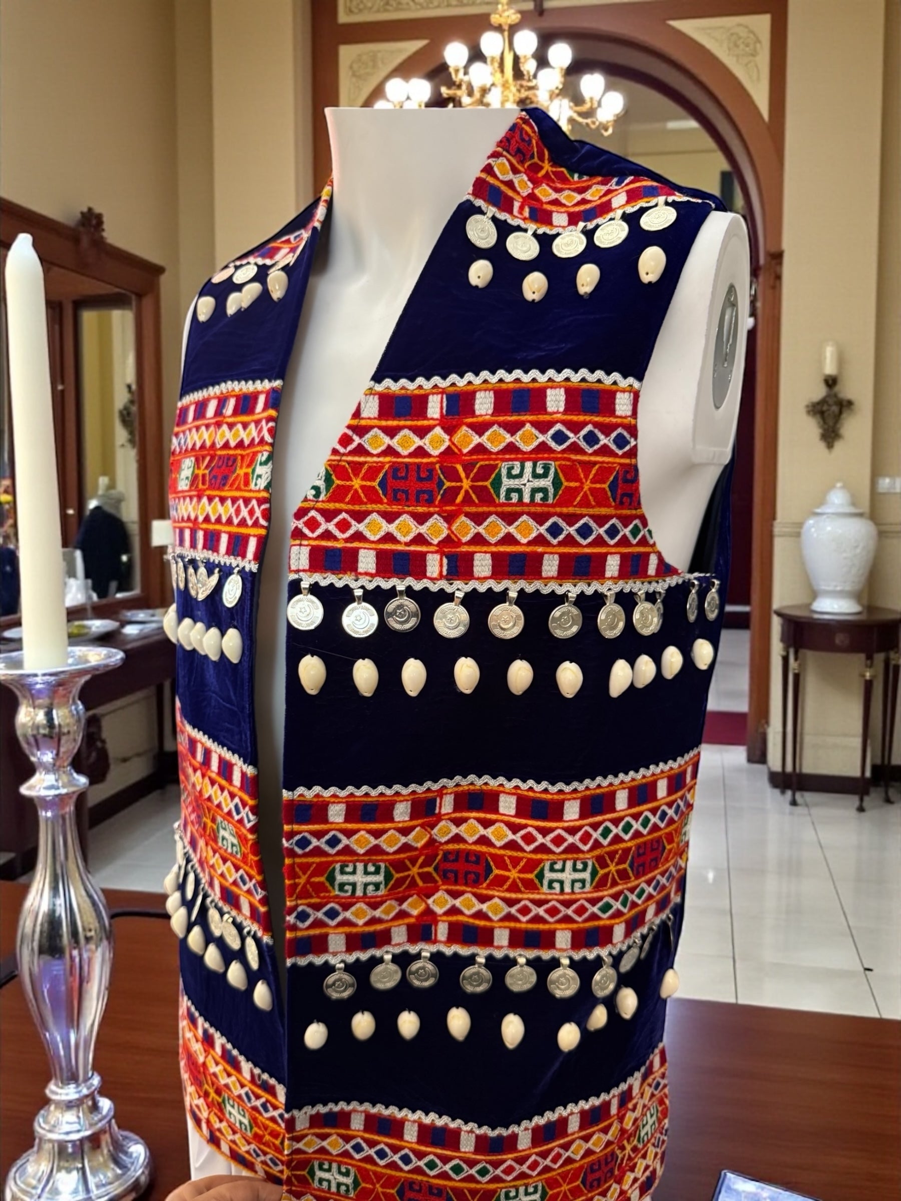 Men’s Navy-Blue Afghan Vest with Multicolor Hand Embroidery, Shells & Silver Coins | Traditional Kuchi Waistcoat | Size Medium
