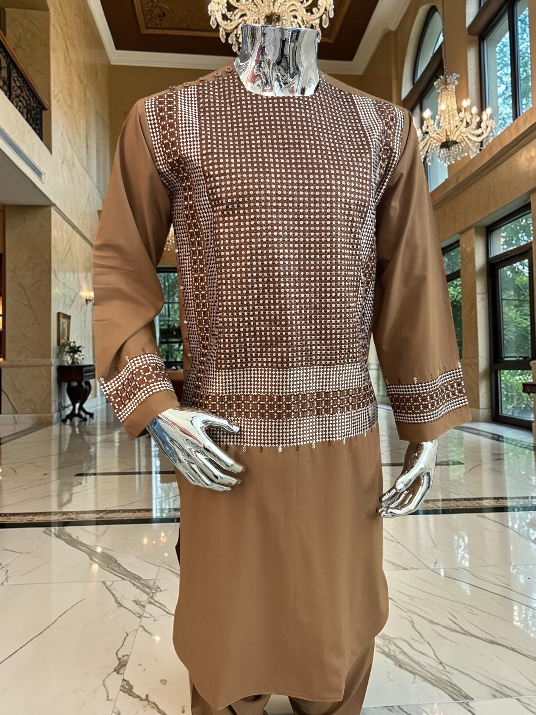 Medium Brown Parahan Tunban with White Embroidery | Traditional Afghan Men’s Wear