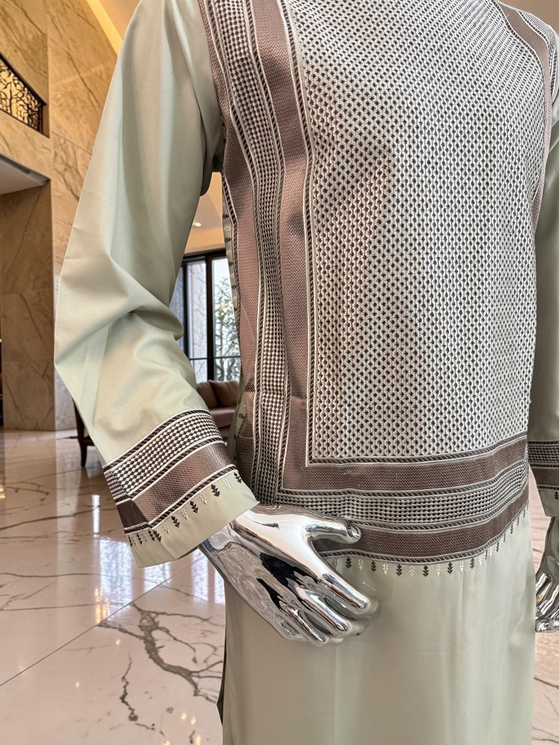 Medium Sage Green Parahan Tunban with Brown Embroidery | Premium Afghan Traditional Wear