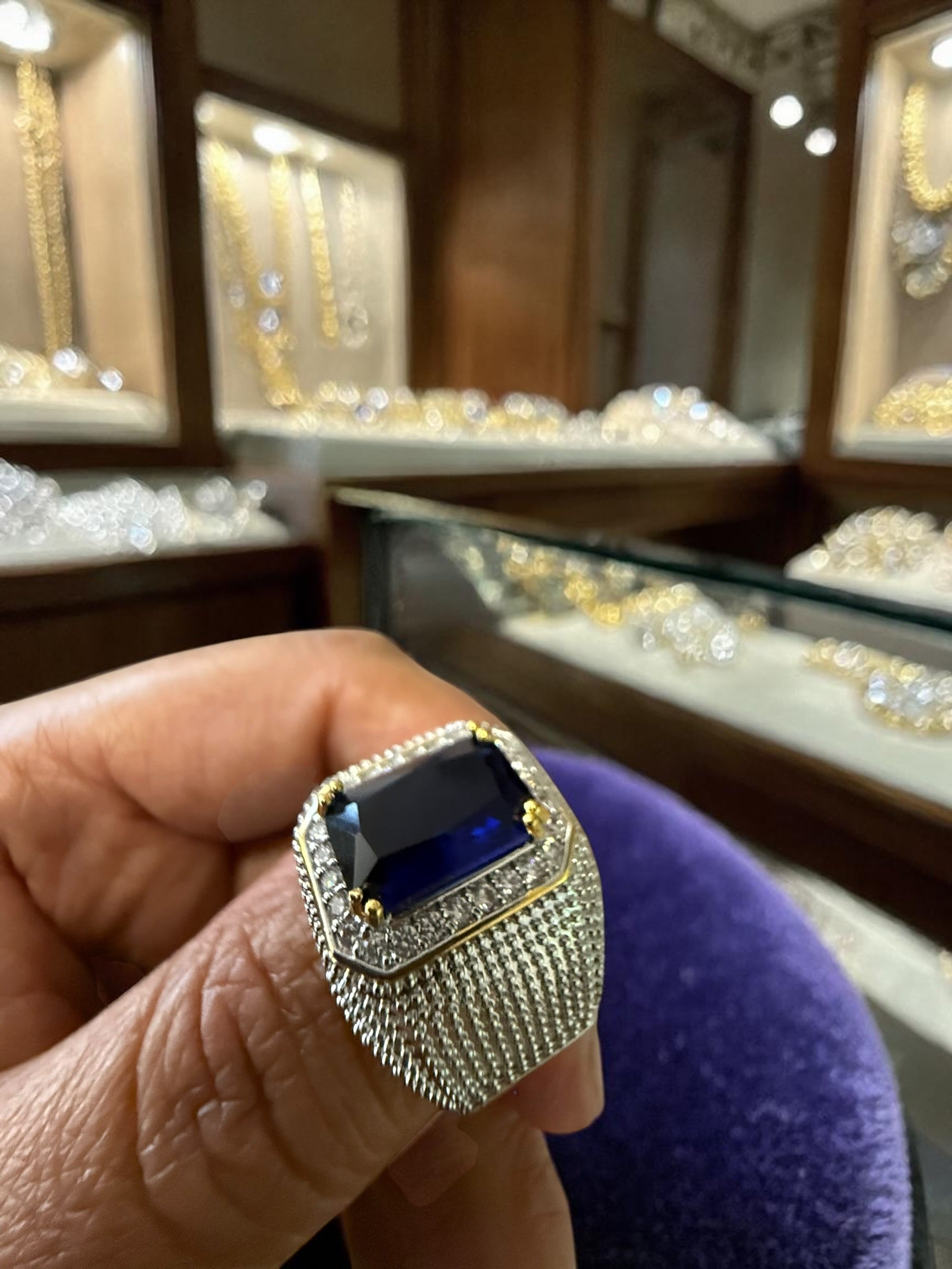 Men’s Blue Zircon Statement Ring Brass Cocktail Ring (Vintage Style)CBB
