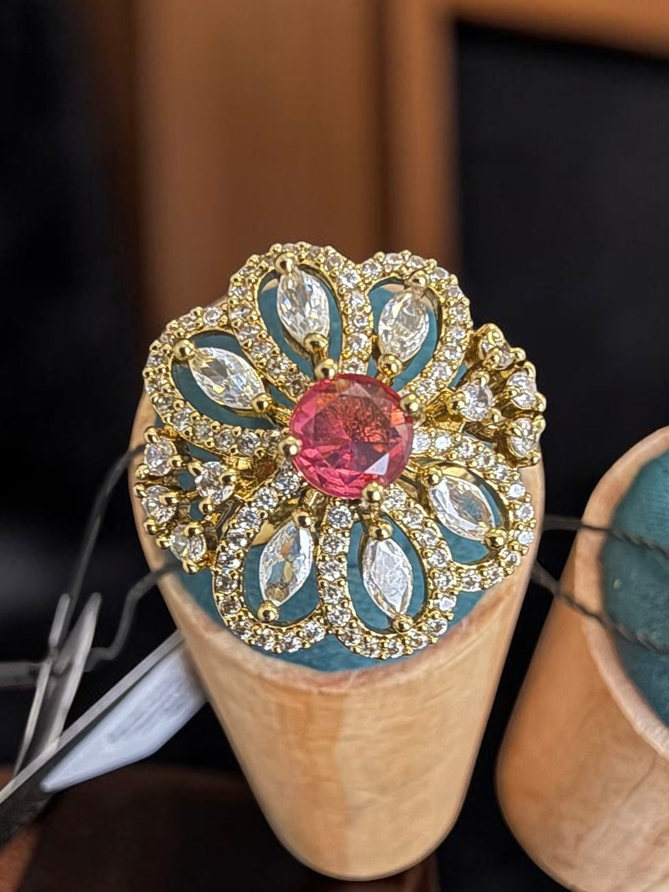 Adjustable American Diamond Floral Statement Ring | Gold-Tone Brass | 6 Color Options | Gift Box Included | Indian Pakistani Afghan Jewelry