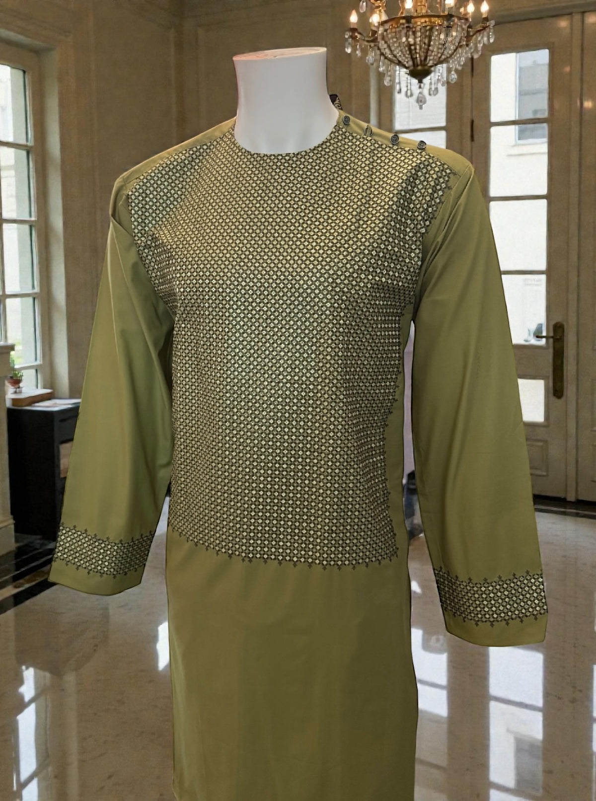 Olive Green Afghan Parahan Tunban for Men with Machine Khamakdozi – Medium
