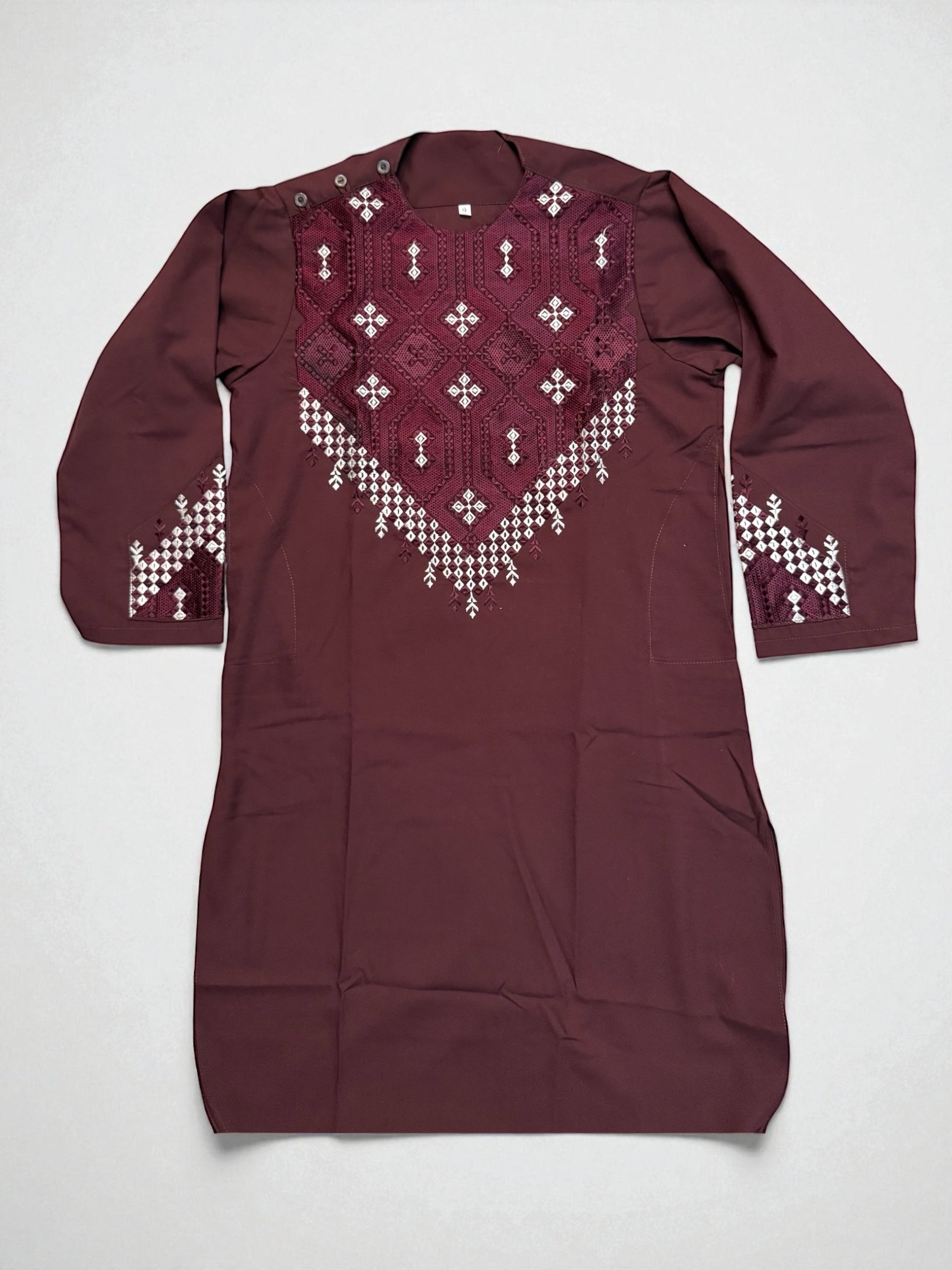 9 Years old Maroon Afghan Parahan Tumban for Boys, Matching White Machine Embroidery