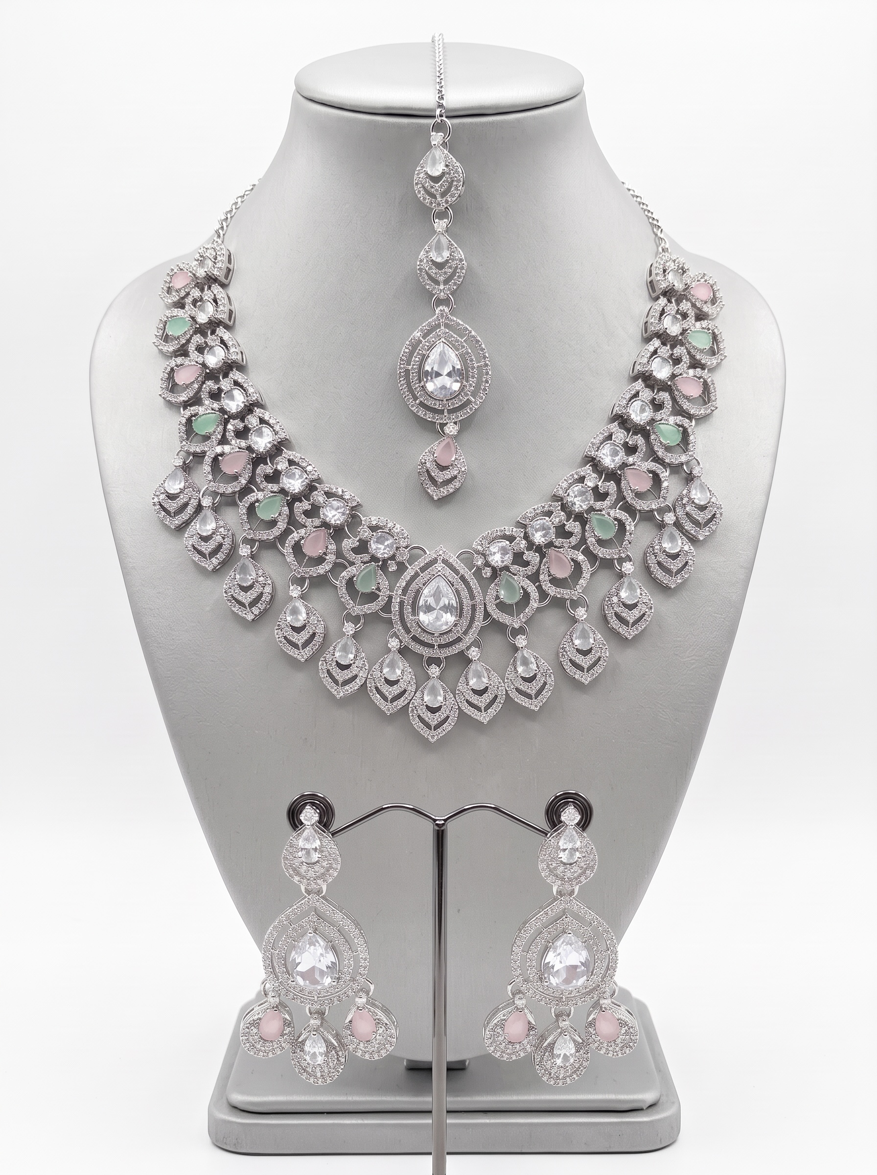 American Diamond Necklace Set with Crystal Earrings & Maang Tikka – Silver Tone 6026-2