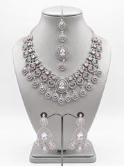 American Diamond Necklace Set with Crystal Earrings & Maang Tikka – Silver Tone 6026-2