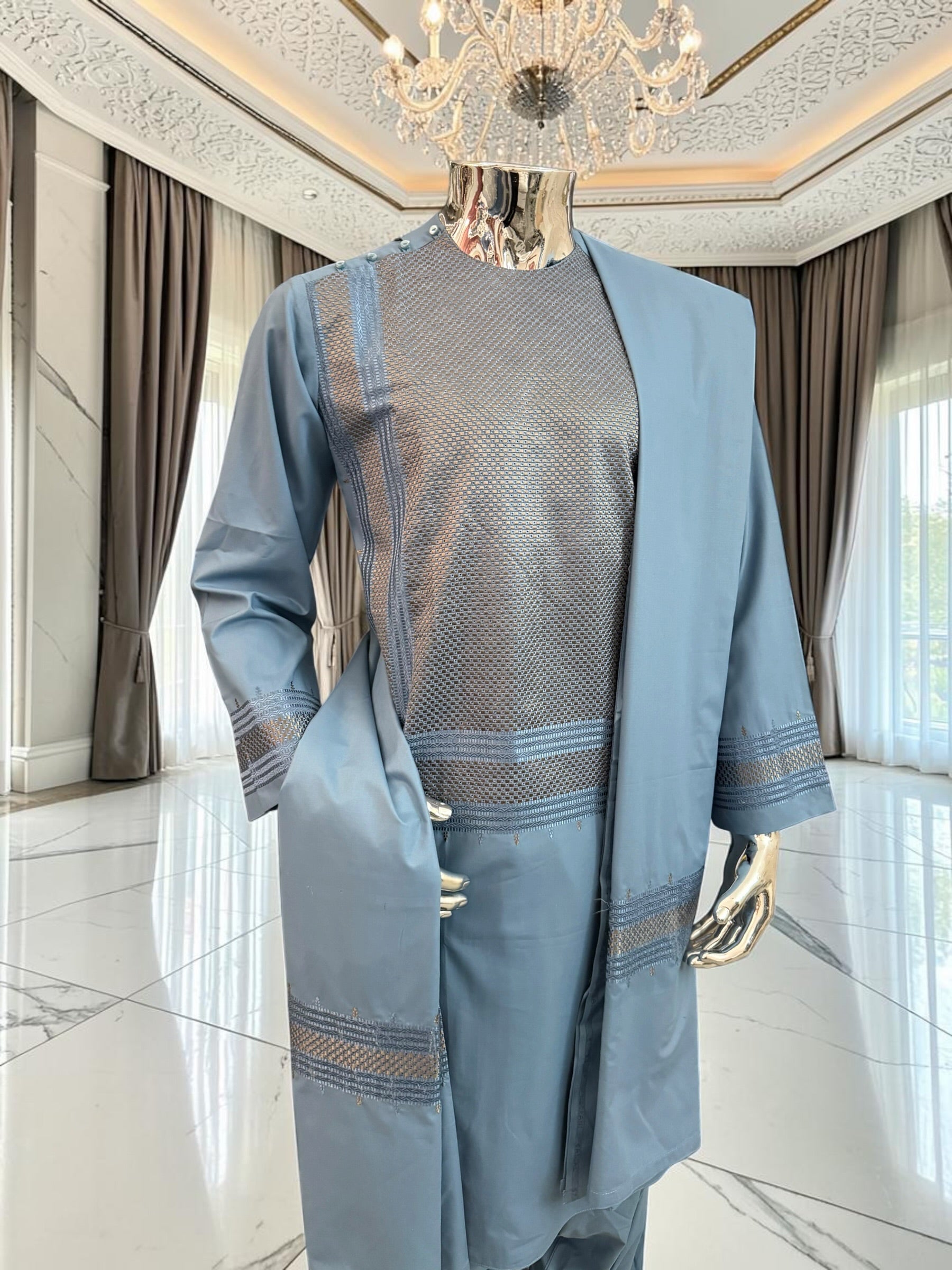 Small Men’s Steel Blue Embroidered Parahan Tunban 3-Piece Set with Matching Shawl 7228