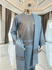 Small Men’s Steel Blue Embroidered Parahan Tunban 3-Piece Set with Matching Shawl 7228