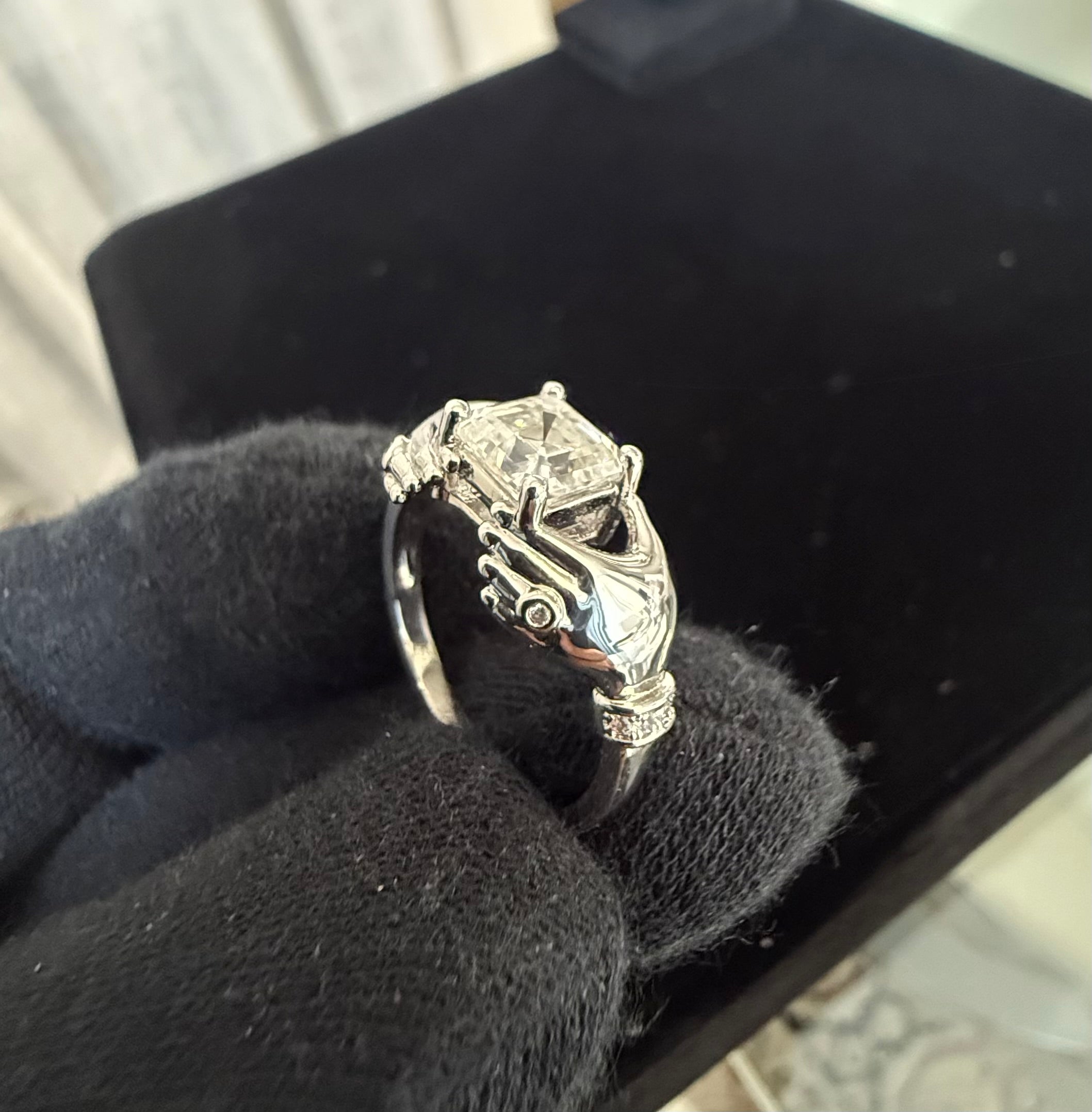 Size 7 Sterling Silver Asscher Cut Moissanite Engagement Ring – Modern Bypass Solitaire.   6015