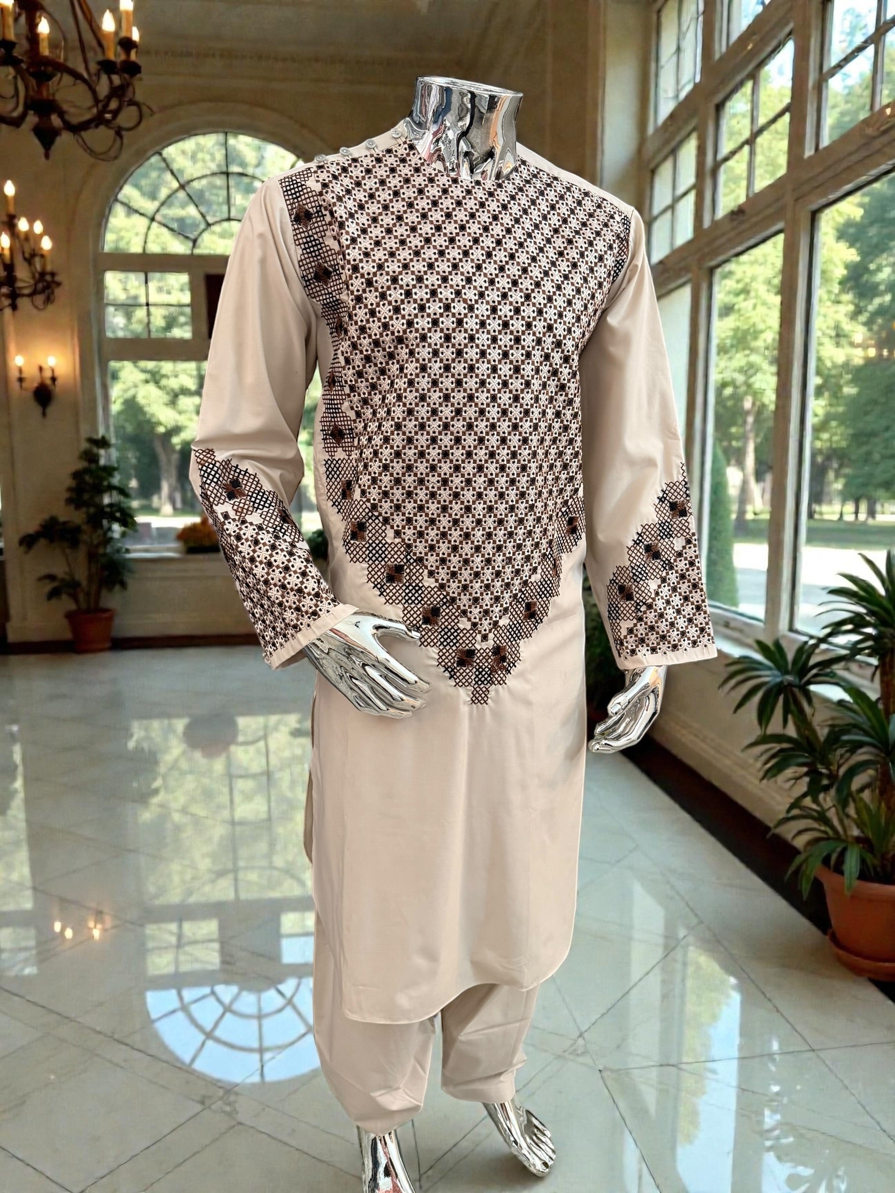 Men’s Cream Kameez with Brown and Black Embroidery – Large  fabric defect special price