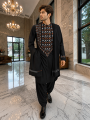 Medium Black Afghan Parahan Tunban with Mirror Work – Premium Embroidered Men’s Traditional Outfit with Chadder/patto