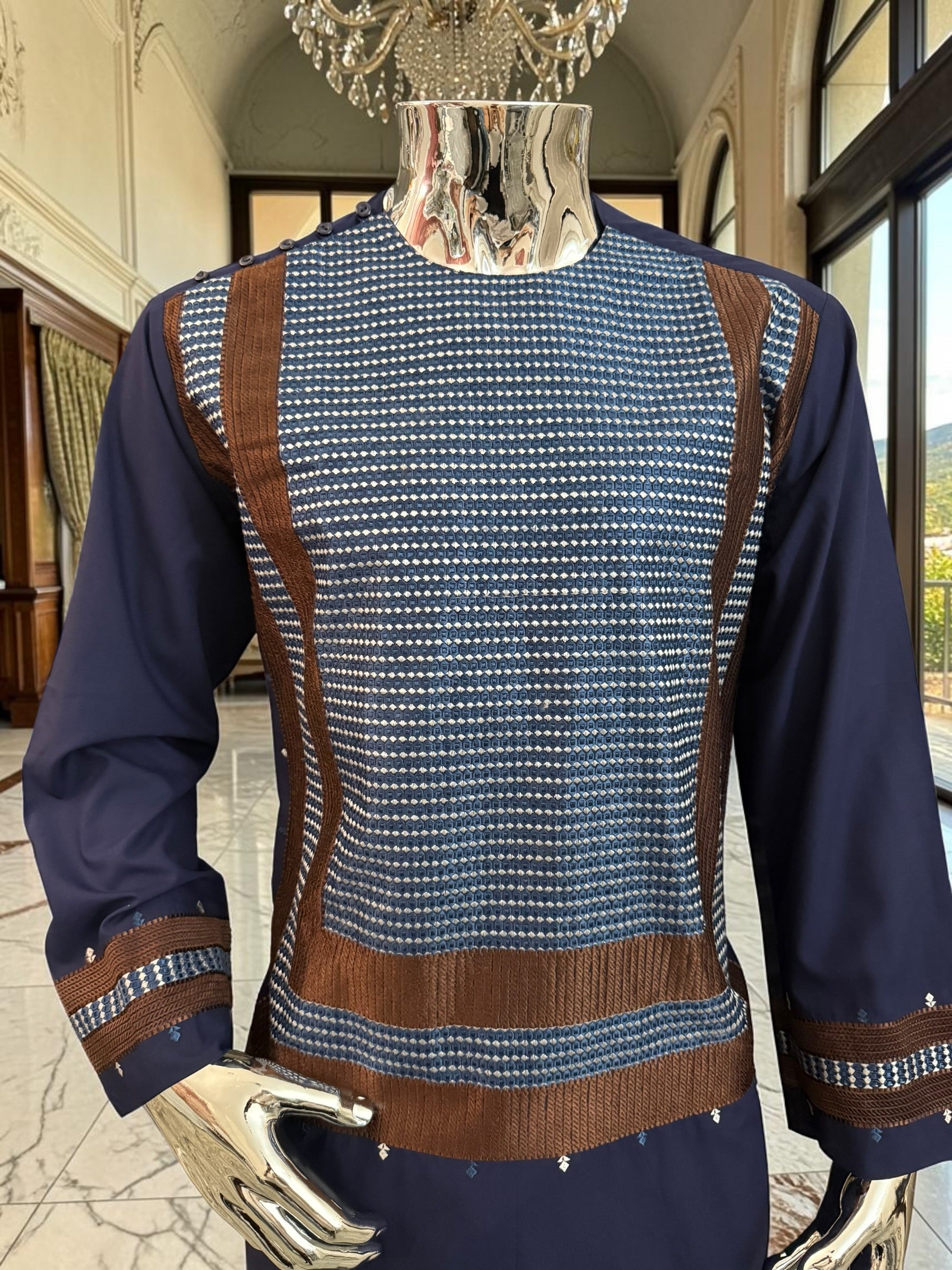 Large Navy Blue Afghan Parahan Tunban with Brown Machine Embroidery Detail