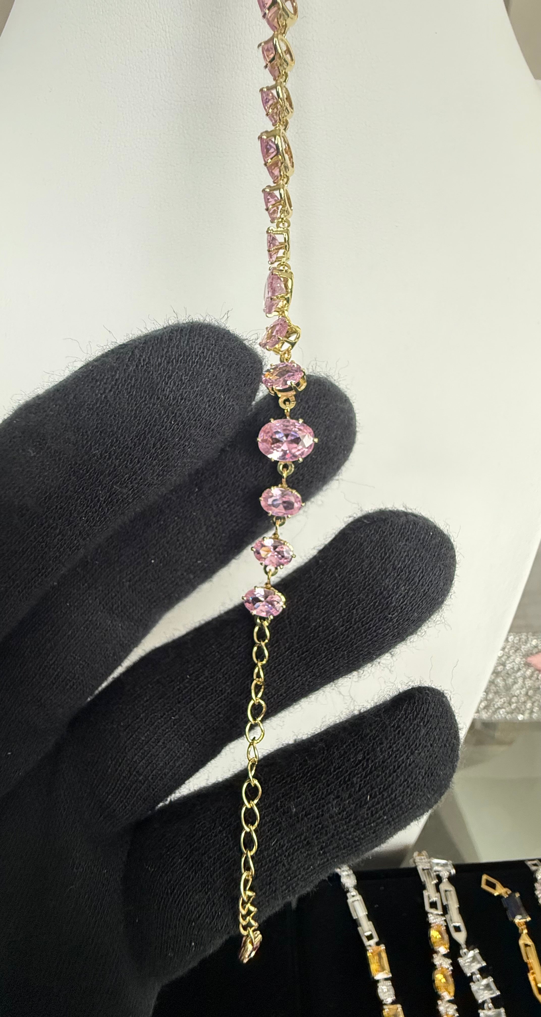 Pink Oval-Cut Crystal Tennis Bracelet – Gold Tone Adjustable Statement Bracelet 7142