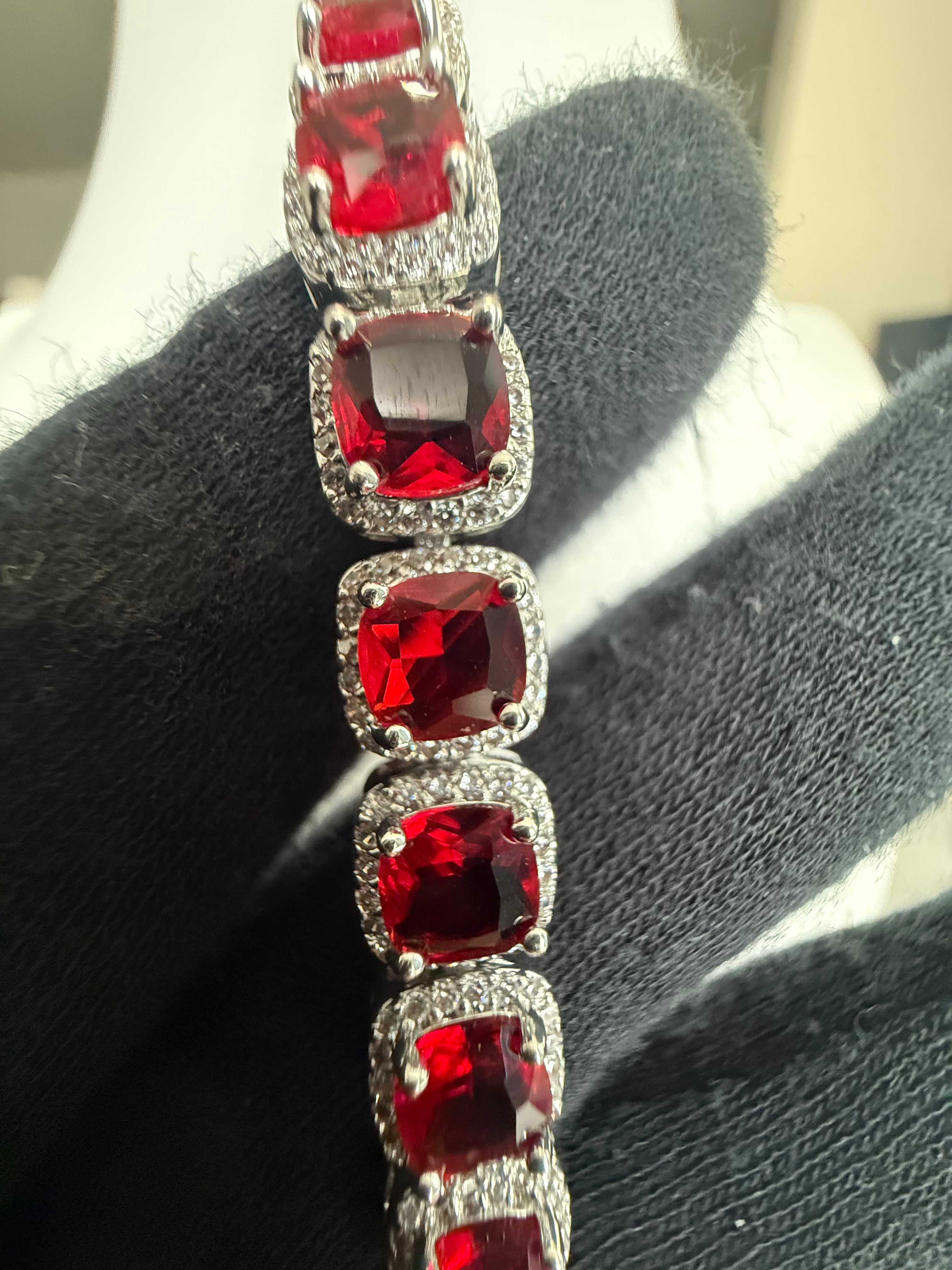 Ruby Red Cushion-Cut Crystal Halo Link Bracelet – Silver Tone Statement Jewelry 7134