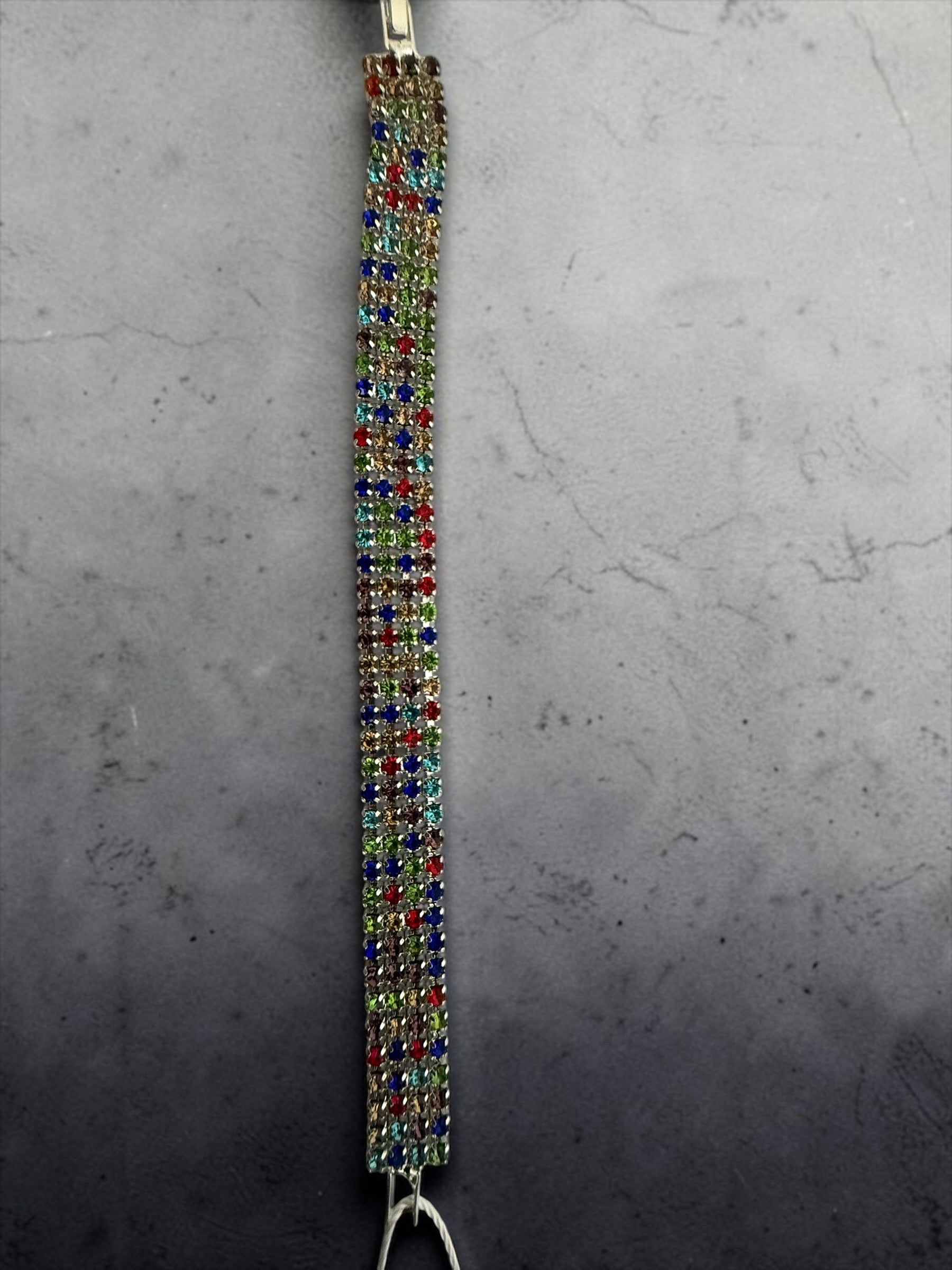 Multicolor Crystal Statement Bracelet – Wide Rainbow Rhinestone Silver-Tone Bracelet for Women 7068