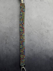 Multicolor Crystal Statement Bracelet – Wide Rainbow Rhinestone Silver-Tone Bracelet for Women 7068