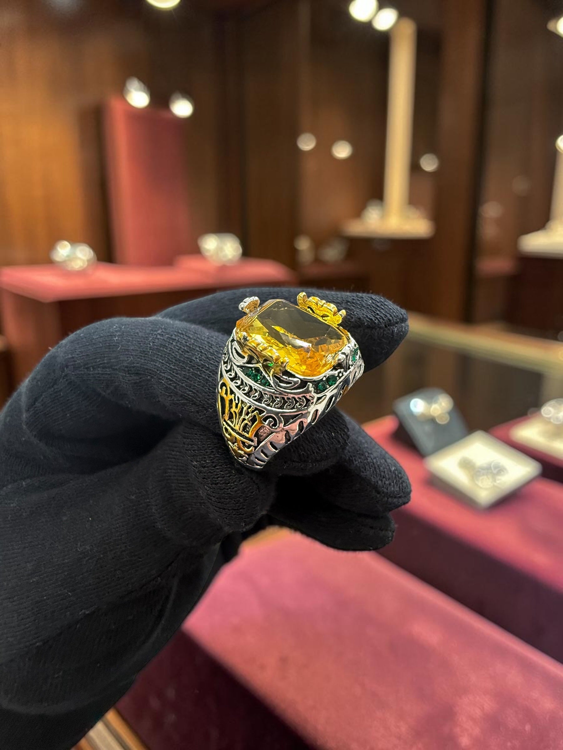 Vintage Turkish Inspired Signet Ring with Cubic Zirconia Stone – Silver Plated Two-Tone Men’s & Unisex Statement Ring – Available in Black, Green, Red, Gold, Navy & Blue