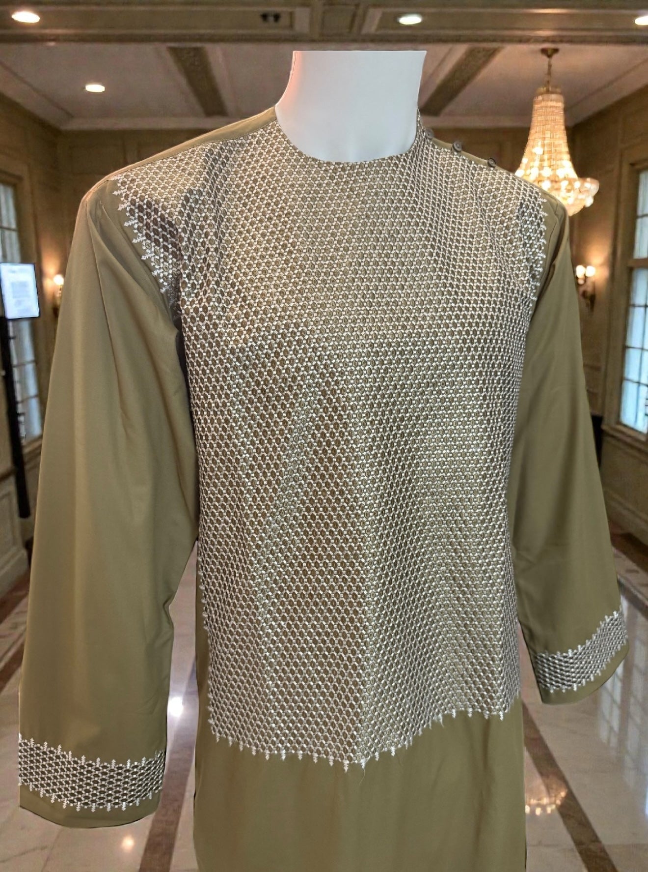 Medium Khaki Green Afghan Parahan Tunban for Men with Machine Embroidery