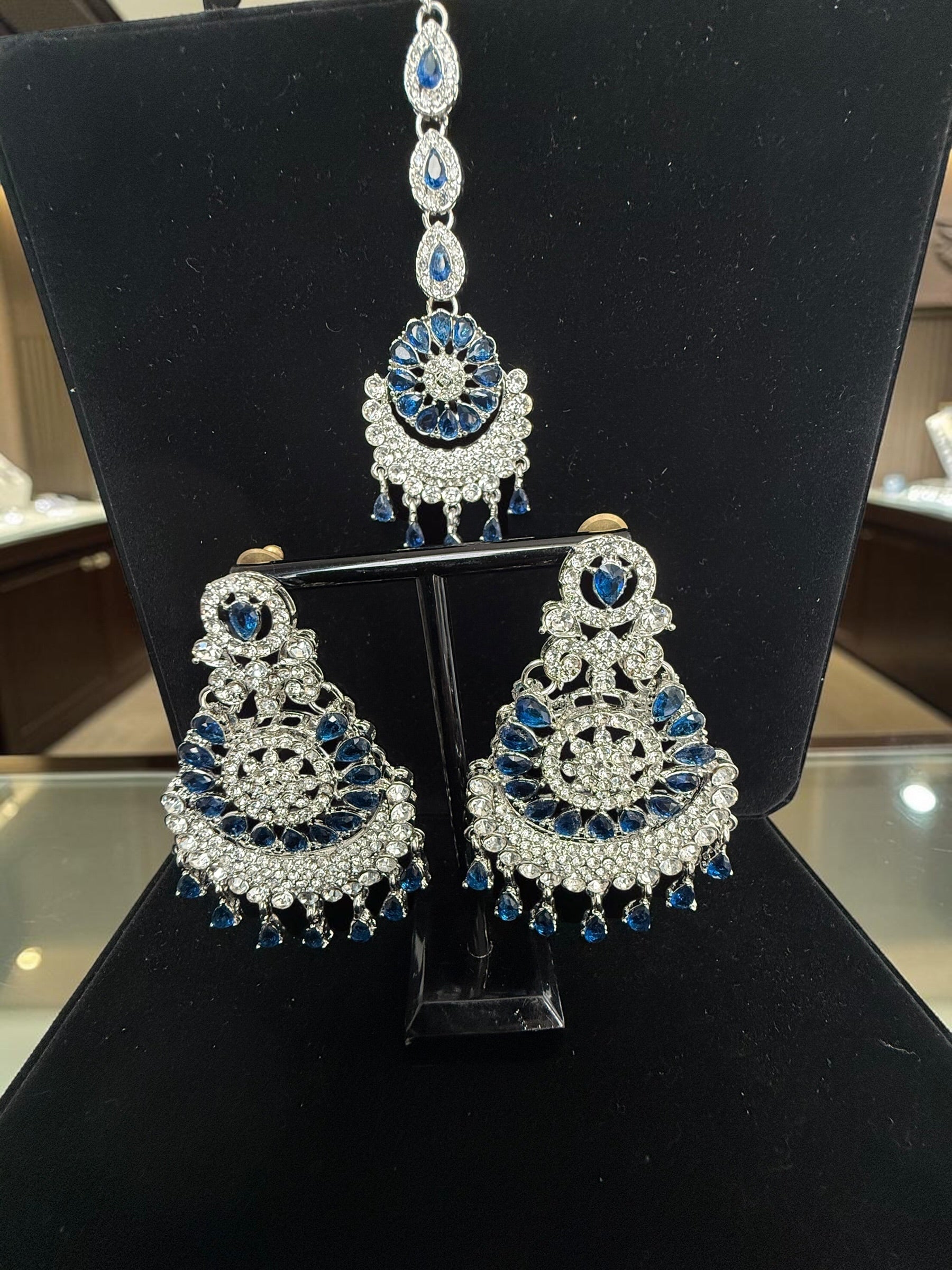 Indian Pakistani Afghan American Diamond Earrings with Maang Tikka Set | Bridal Chandbali Earrings | Wedding Jewelry Gift | 6 Color Options