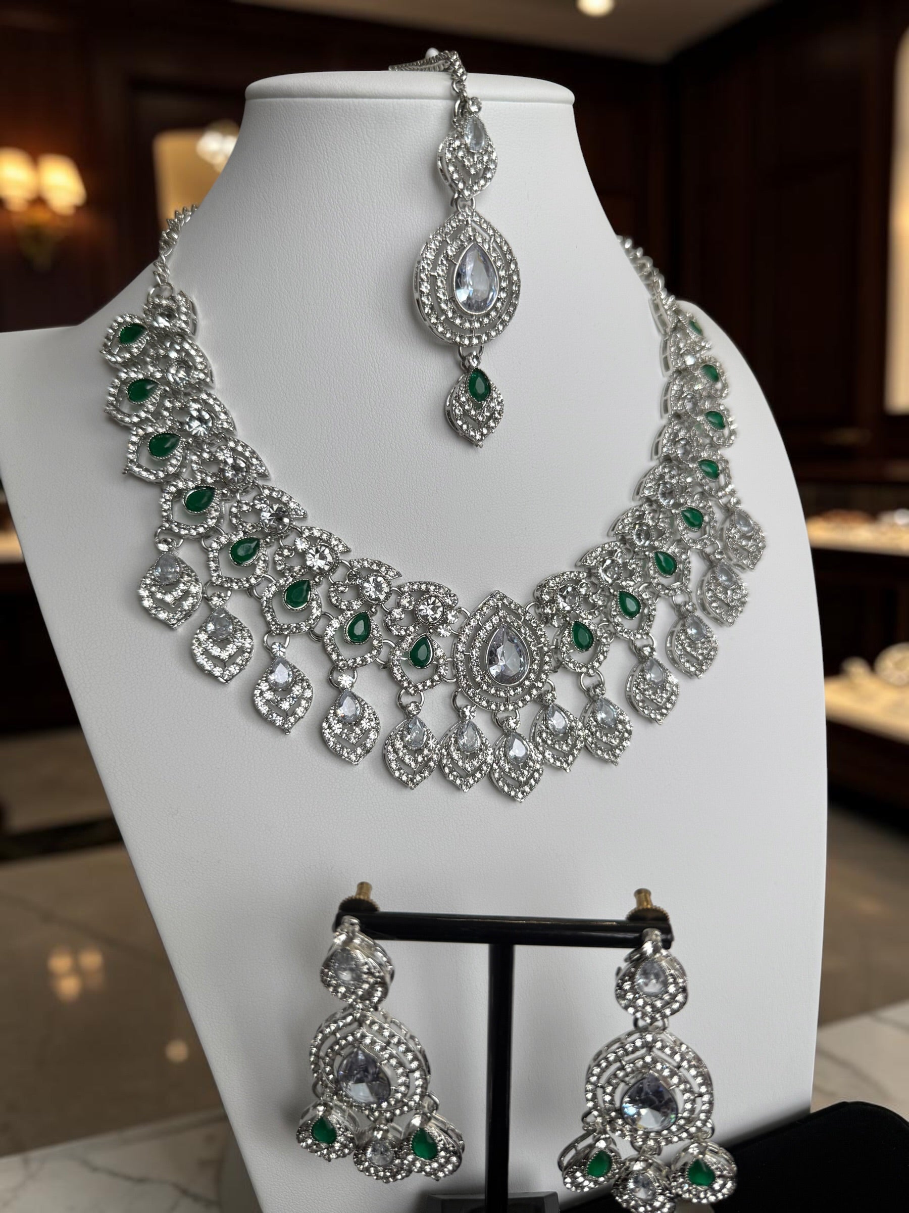 Luxury Silver Tone Emerald Green Crystal Bridal Jewelry Set | Statement Necklace, Earrings & Maang Tikka | Wedding Jewelry with Black Gift Box 6030