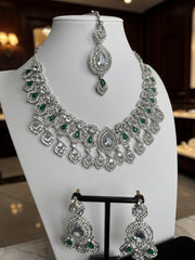 Luxury Silver Tone Emerald Green Crystal Bridal Jewelry Set | Statement Necklace, Earrings & Maang Tikka | Wedding Jewelry with Black Gift Box 6030