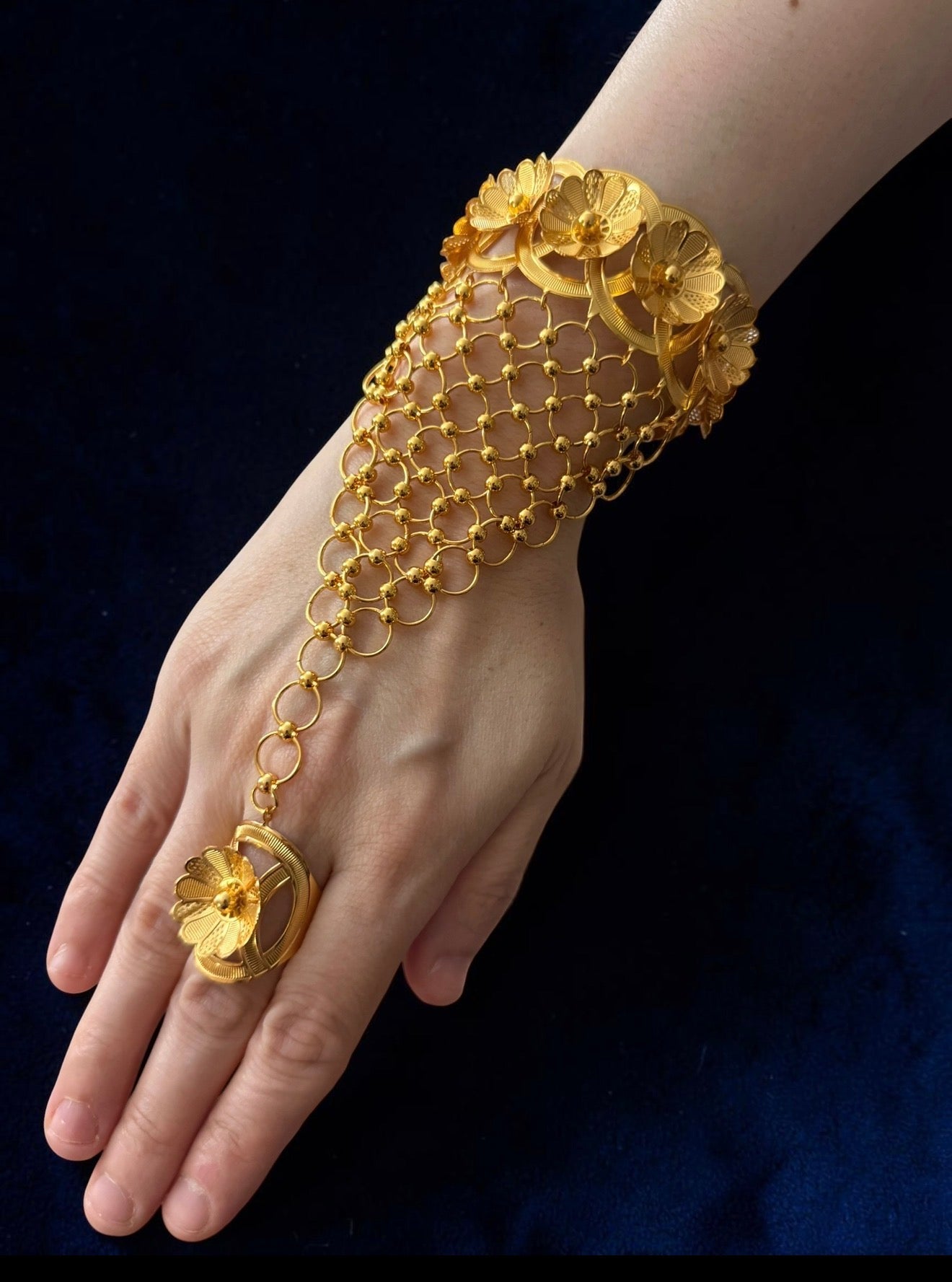24K Gold-Plated Floral Hathphool Hand Jewelry – Bracelet Ring Chain Set for Women 6094
