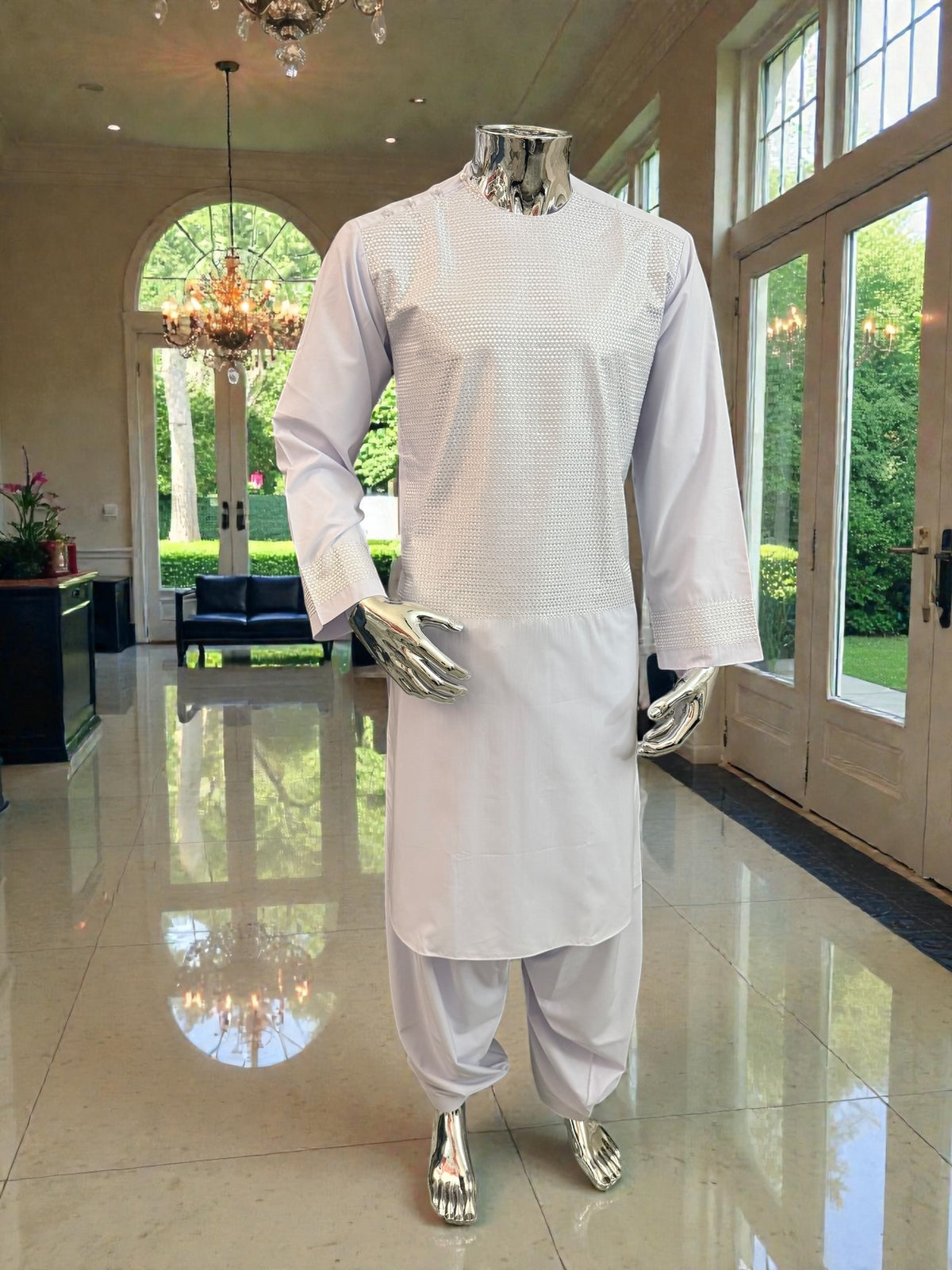 Medium White Afghan Parahan Tumban – Machine-Stitched Embroidered Traditional Men’s Outfit